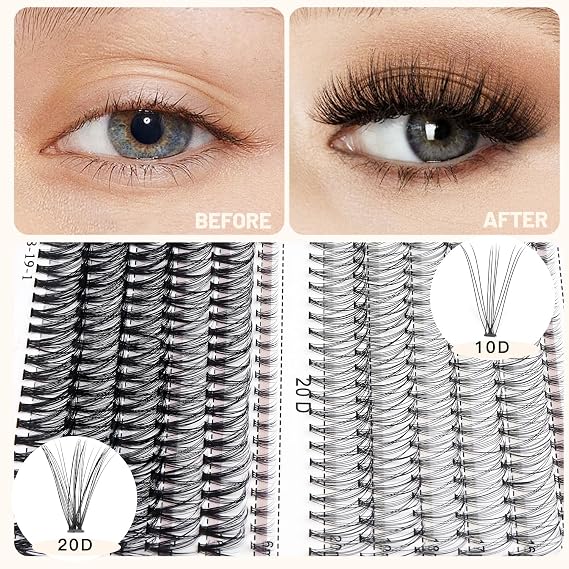 Bodermincer Lash Extension 240pcs C Curl 10D/20D Cluster 8/9/10/11/12mm,10/11/12/13/14mm,12/13/14/15/16mm Mixed Individual Cluster Lashes (10D+20D 16/17/18/19/20mm and Under Eyelashes)
