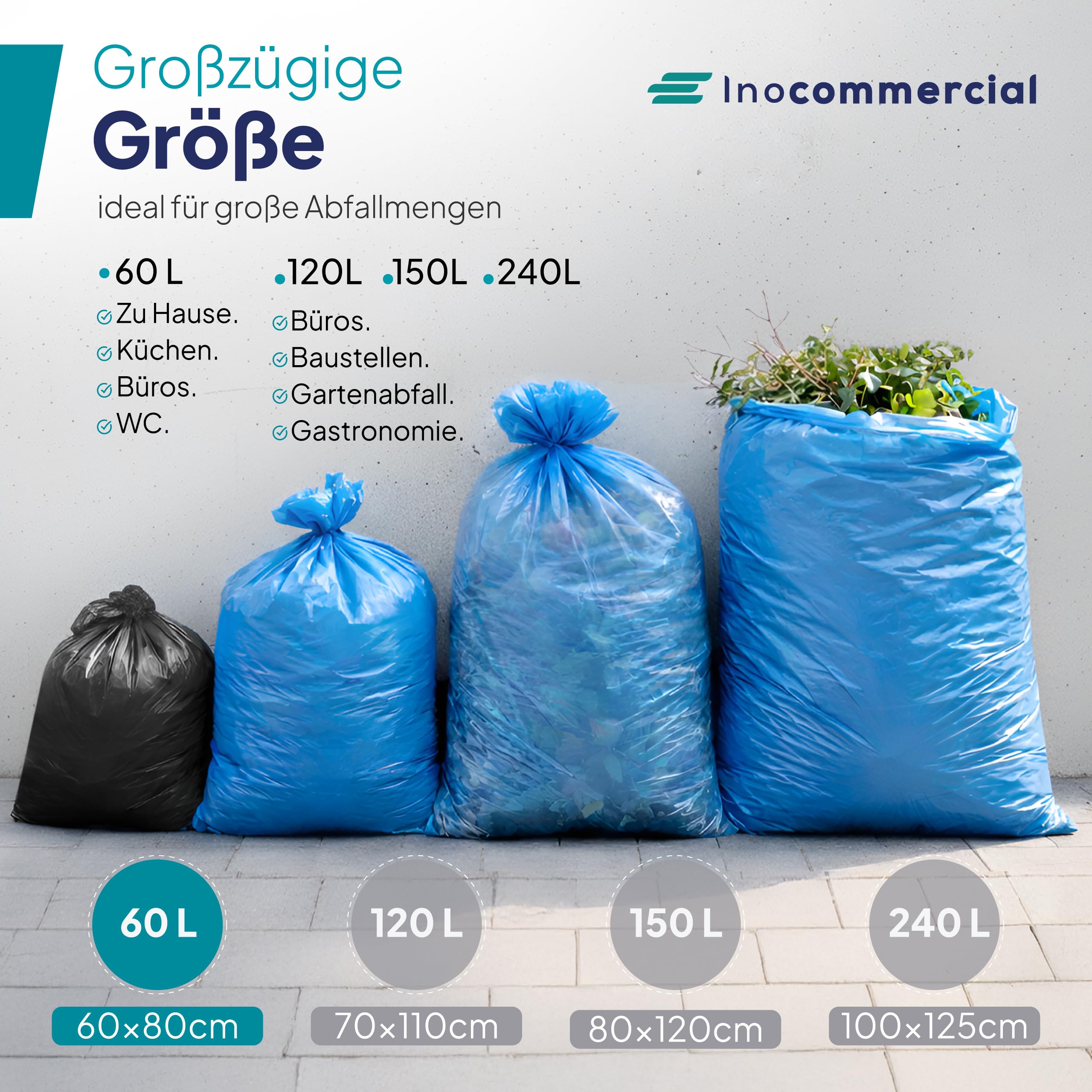 Inoverse 200 pezzi (20 rotoli) sacchi della spazzatura 60 litri, resistenti agli strappi, sacchi della spazzatura, 60 x 80 cm, sacchetti della spazzatura neri in LDPE riciclato