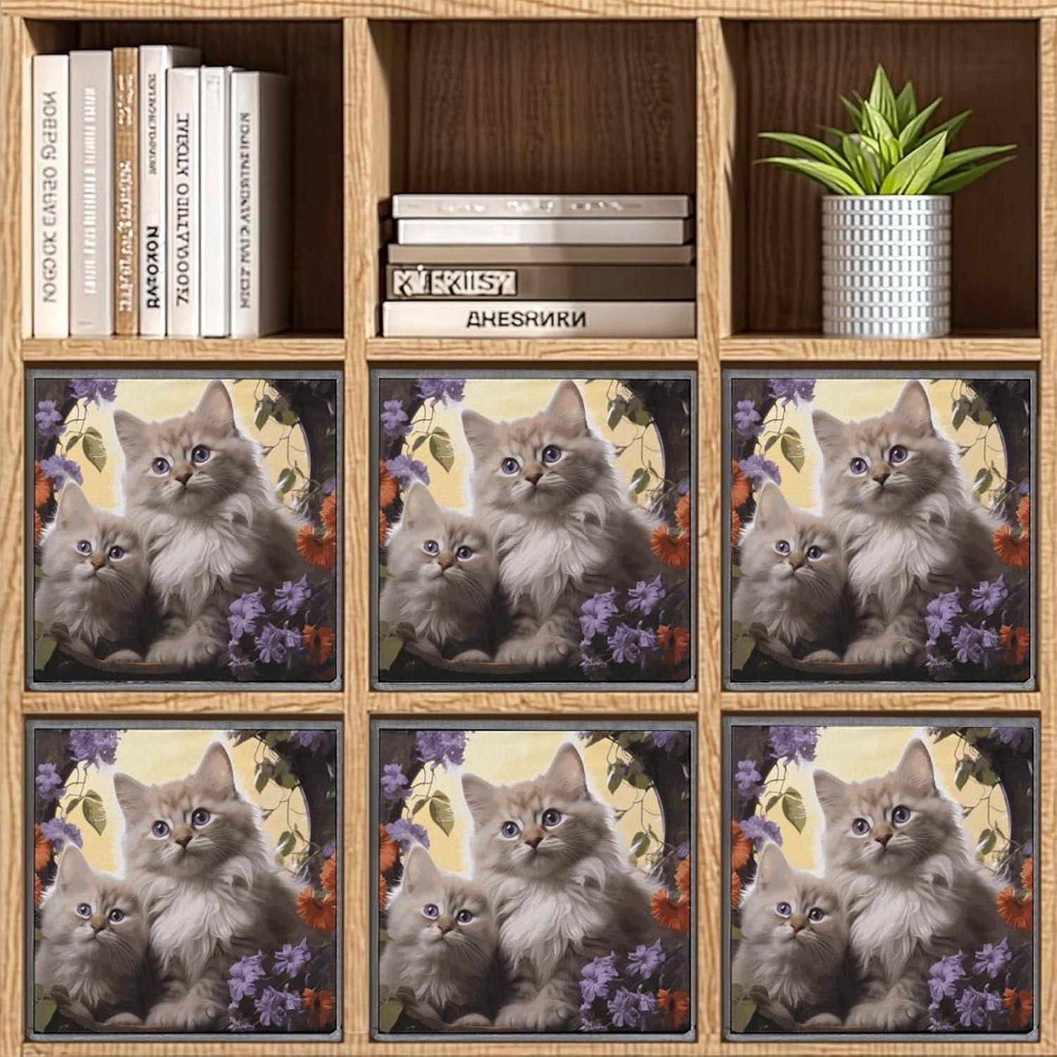 Cat Flowers Storage Cubes Set of 6 Storage Bins with Handles Collapsible Storage Basket Fabric Storage Box for Shelves Large Closet Shelf Organizer for Organization 11 Inch