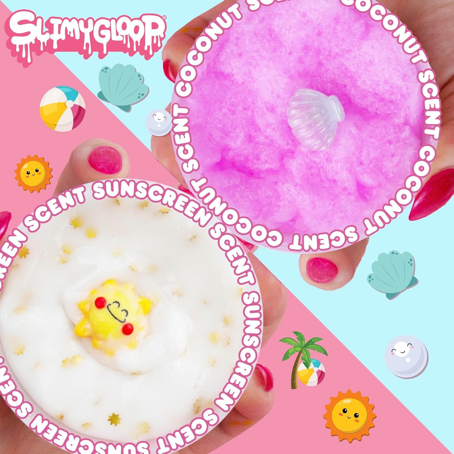 SLIMYGLOOP 2-Pack – Peach Sand Beach Coconut-Scented Fizz Slime, Tropical Sunshine Sunscreen-Scented Glossy Slime