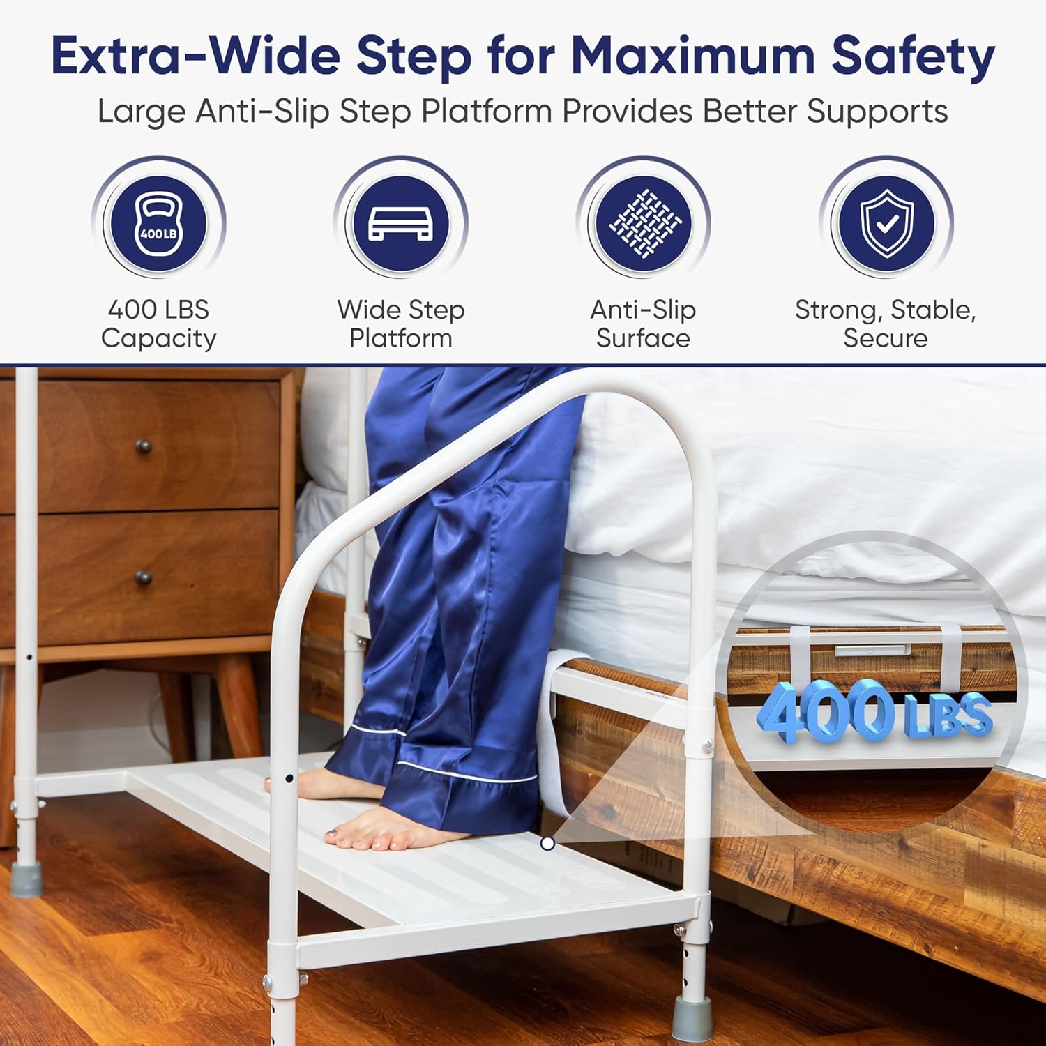 step2bed Bed Step Stool for Adults – Adjustable Bedside Platform with Safety Handle, Motion Sensor Light & Wide Base, Bedside Steps for Beds and Seniors