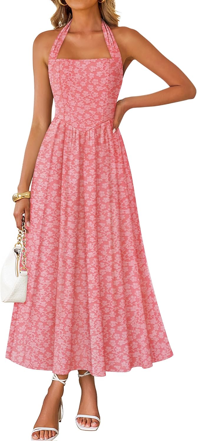 ZESICA Women's Summer Sleeveless Floral Maxi Dresses 2026 Halter Neck Wedding Guest Cocktail Party Flowy A Line Long Dress Pink Large