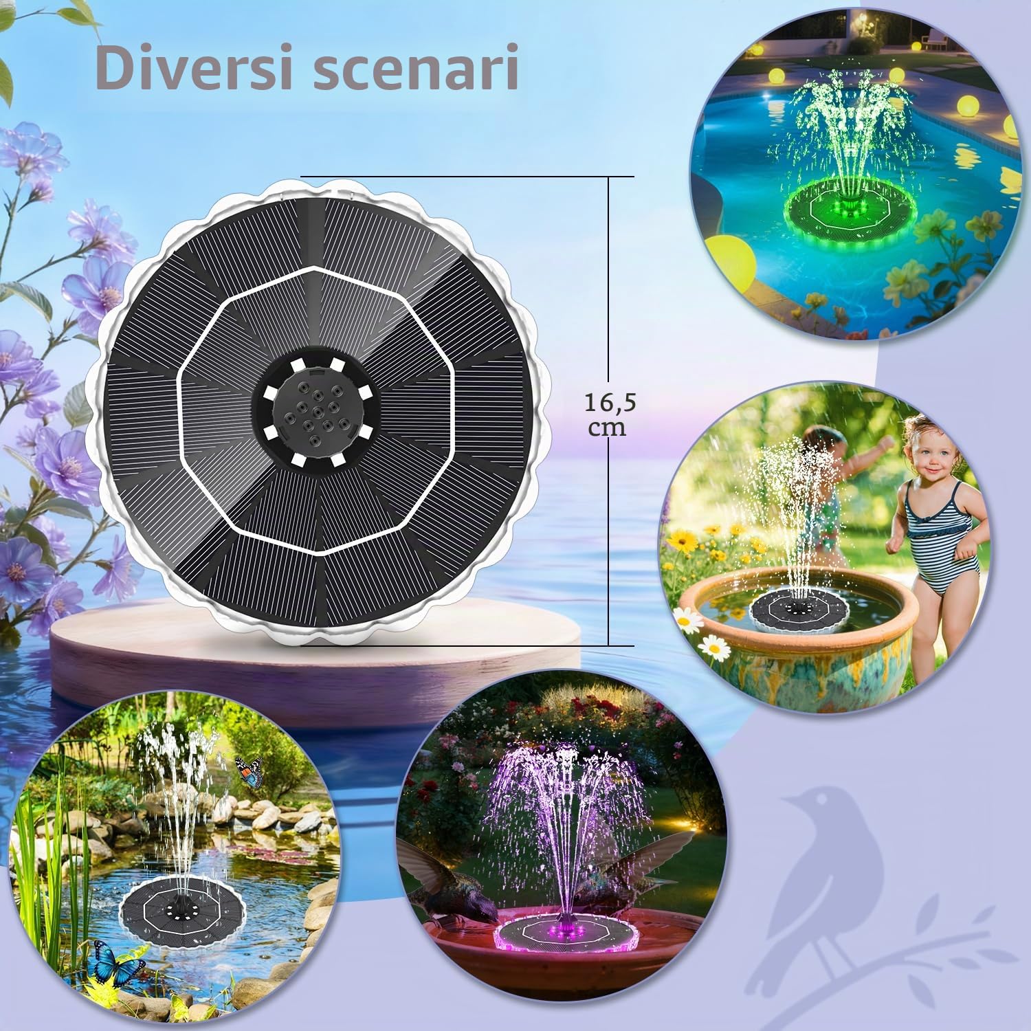 Fontana Solare Colorato LED, Yzert 3.5W Vetro Pompa ad Acqua Solare Fontana, 2000mAh Batteria, 7 Ugelli & 4 Fissatori Esterno Pompa per Laghetto, Piscina, Acquario, Vaso dei Pesci e Bagno