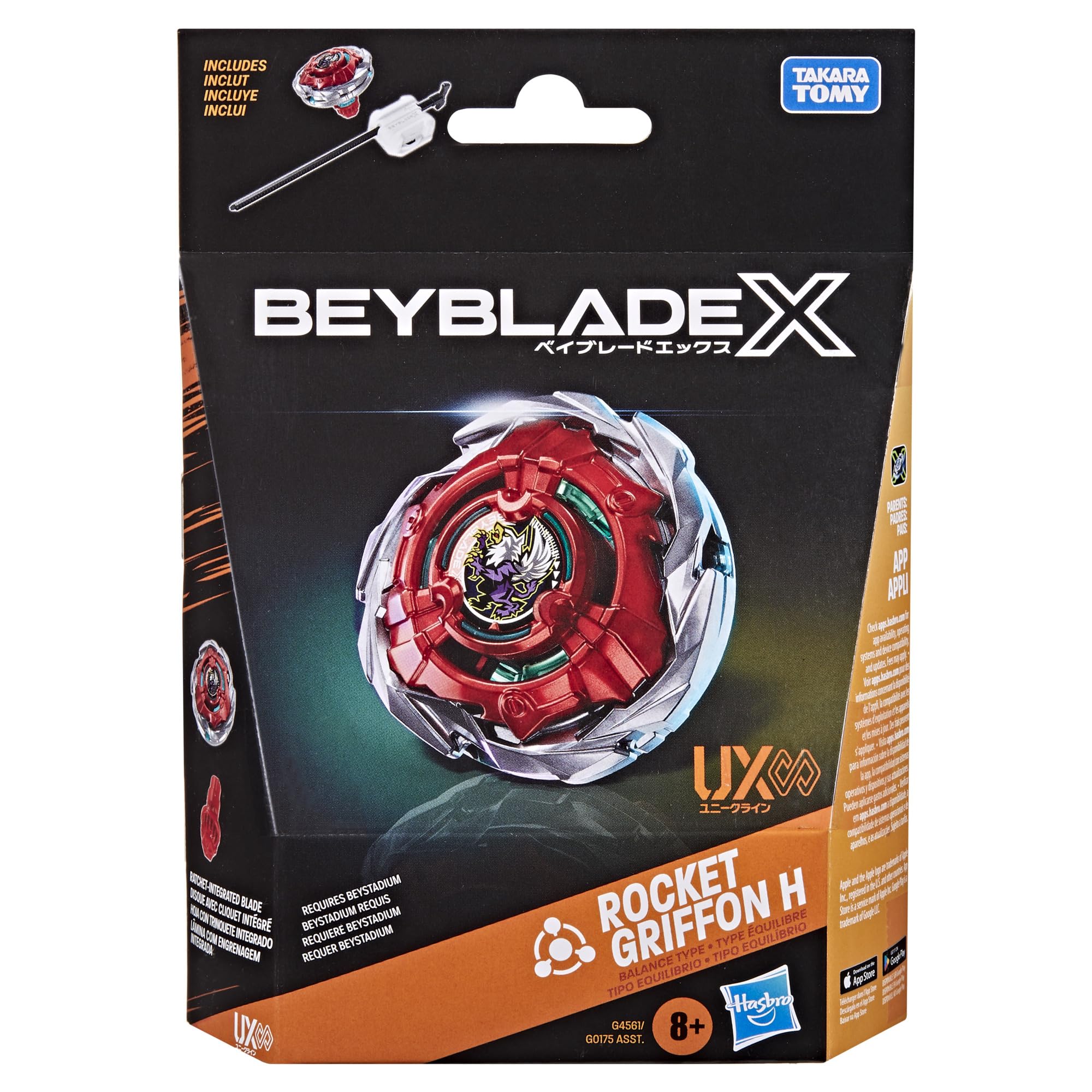 Beyblade X Rocket Griffon H UX Infinity zestaw startowy z wyważonym bączkiem bey i wyrzutnią Takara Tomy, bączki, od 8 lat