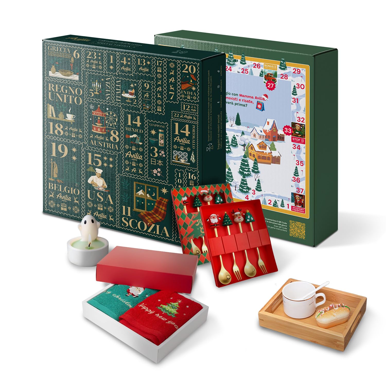 Wintem Calendario de Adviento con 24 regalos temáticos de países del mundo para el hogar, la cocina y el bienestar, idea de regalo original de Navidad con juego de ganso integrado y paquete de lujo