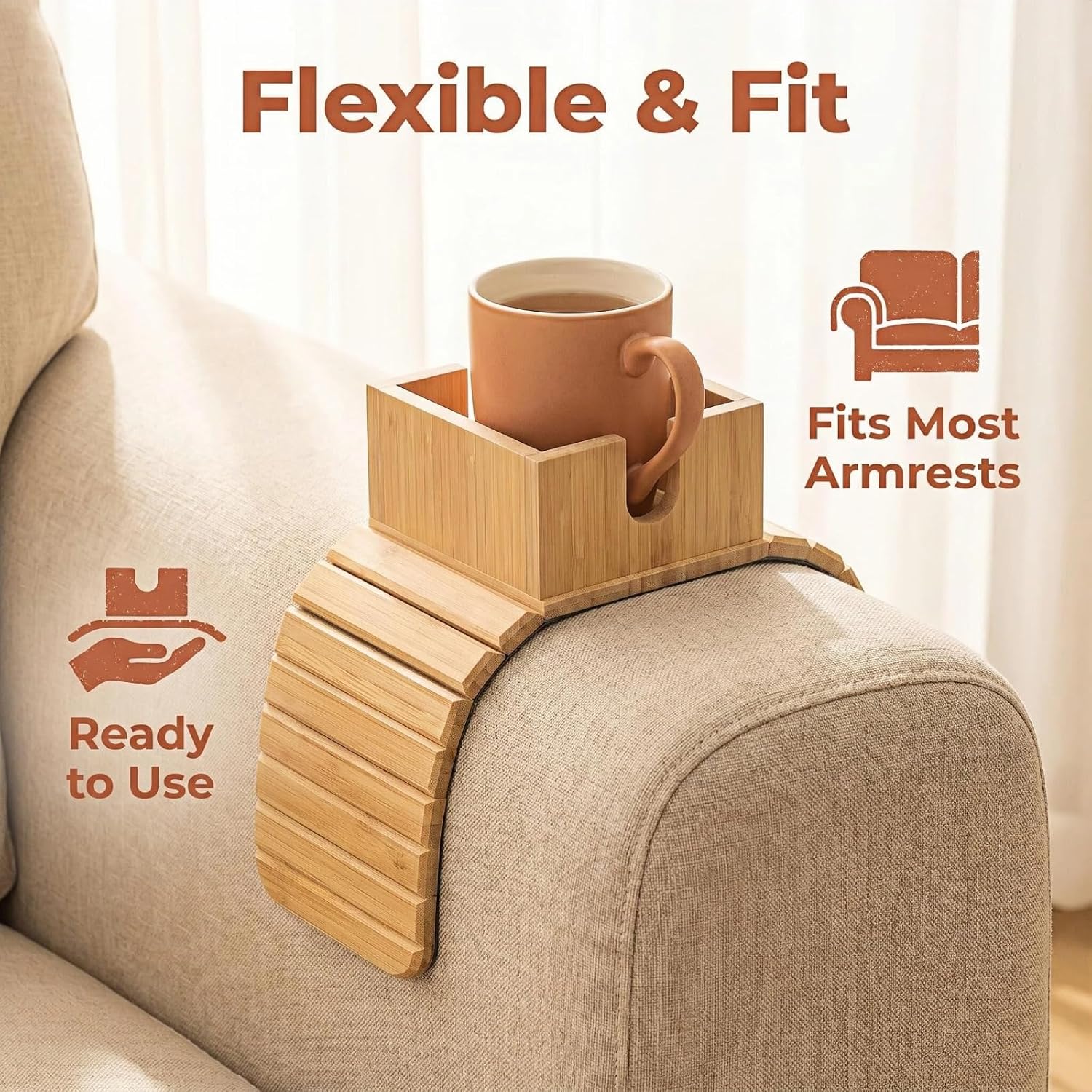 Bamboo Couch Cup Holder & Armrest Tray Sofa Drink Holder Insert Multi Functional Armrest Tray Table for Living Room