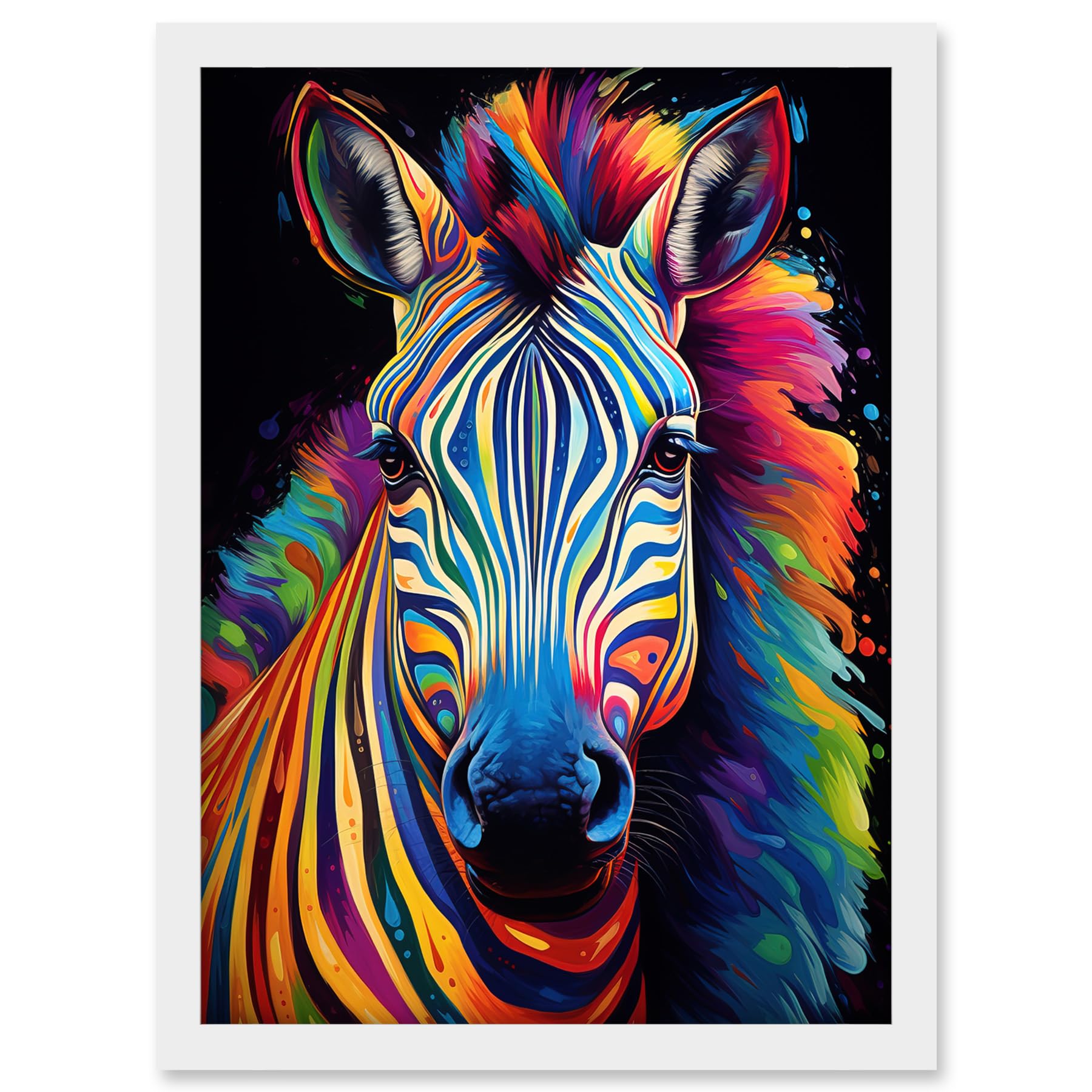 Artery8 Rainbow Striped Zebra Colourful Vibrant Bold Psychedelic Neon Impact Artwork Framed A3 Wall Art Print