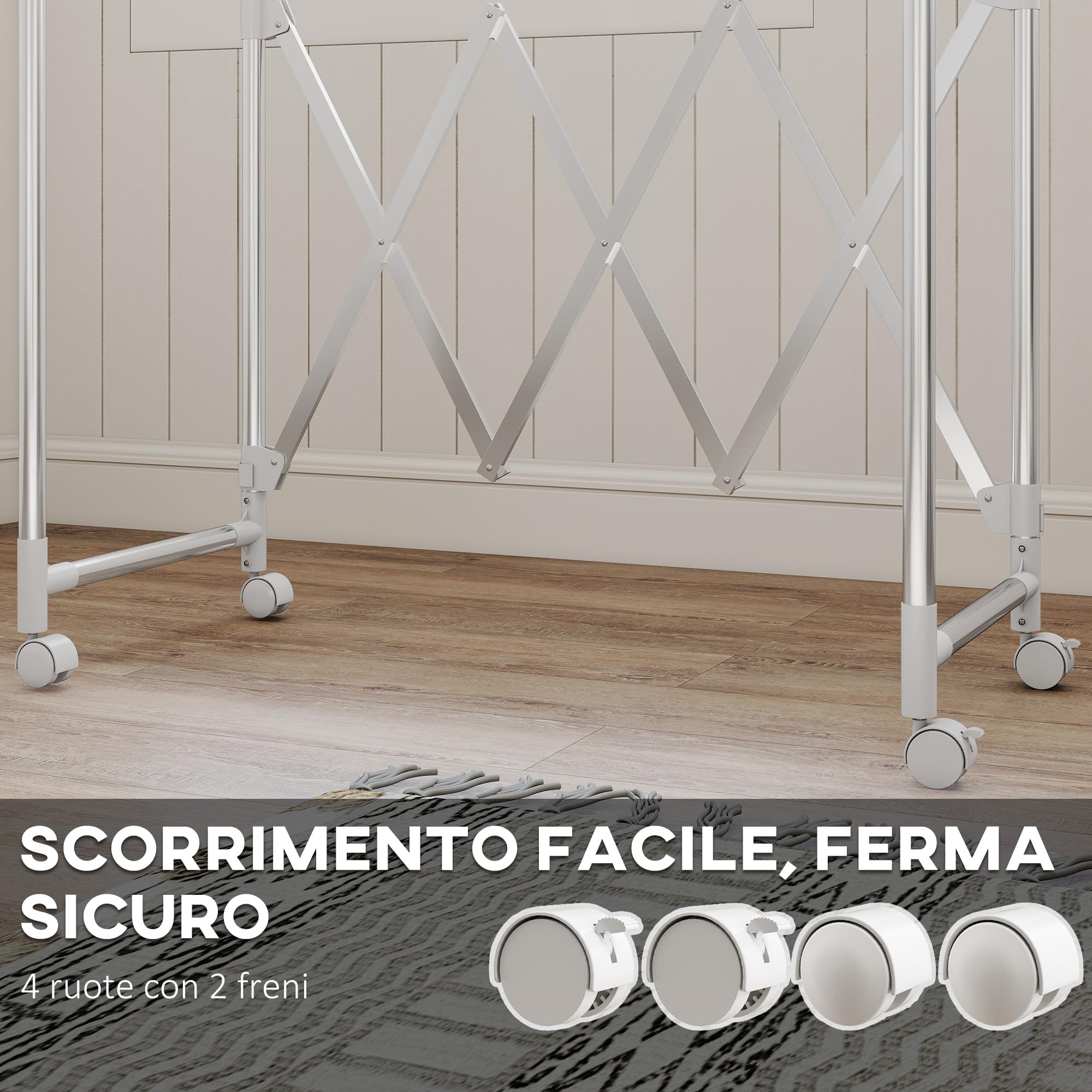 HOMCOM Stendibiancheria Pieghevole con 3 Barre Regolabili, Argento | Stendino Verticale, Ruote Girevoli, Struttura in Acciaio Inox, Stender per Casa e Lavanderia