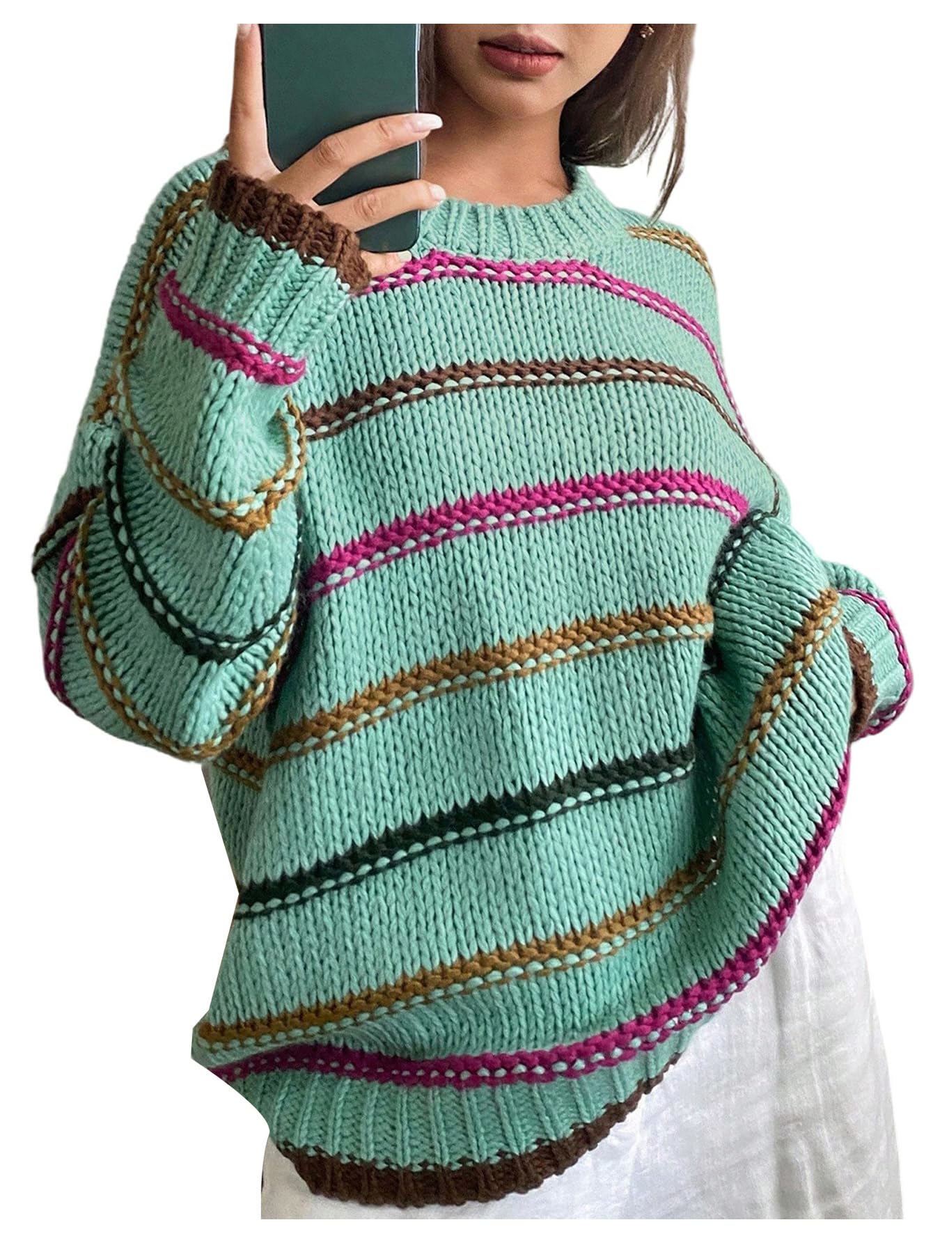 Womens Cable Knit Striped Sweater Crew Neck Long Sleeve Oversized Knitted Pullover Jumper Tops