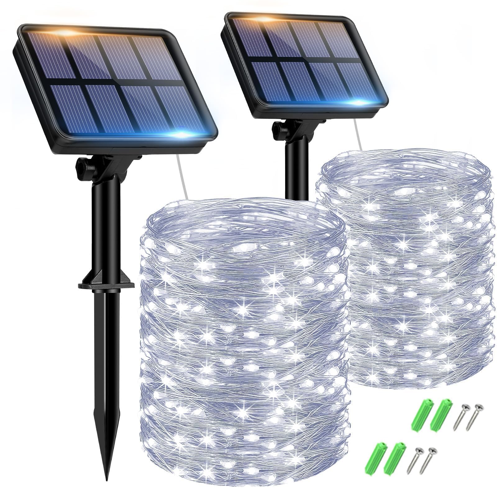 btfarm 2 Paquete Guirnaldas Luces Exterior Solar [15+2M/150LED] Luces Solares LED Exterior Jardin, 8 Modos Guirnalda Cadena Luz Solar Exterior Decoracion para Exteriores Arbol Navida (Blanco Frío)