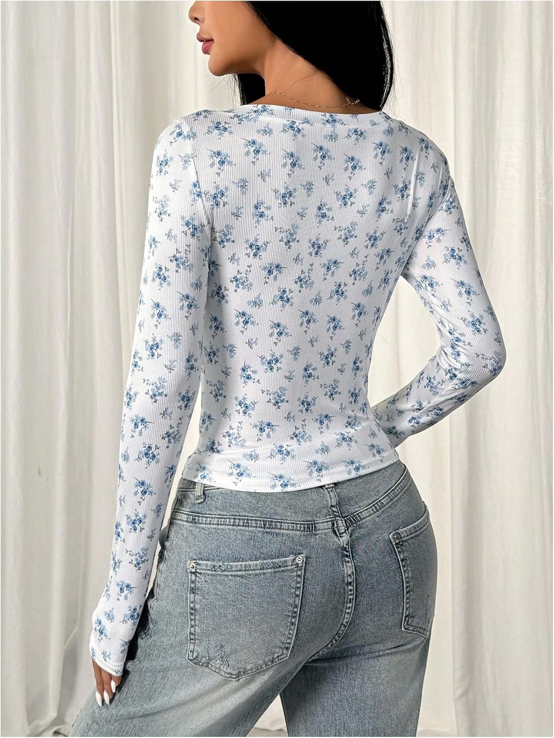 Women's Floral Henley T Shirts Button Down Long Sleeve Graphic Tees Scoop Neck Cute Crop Tops - Image 2