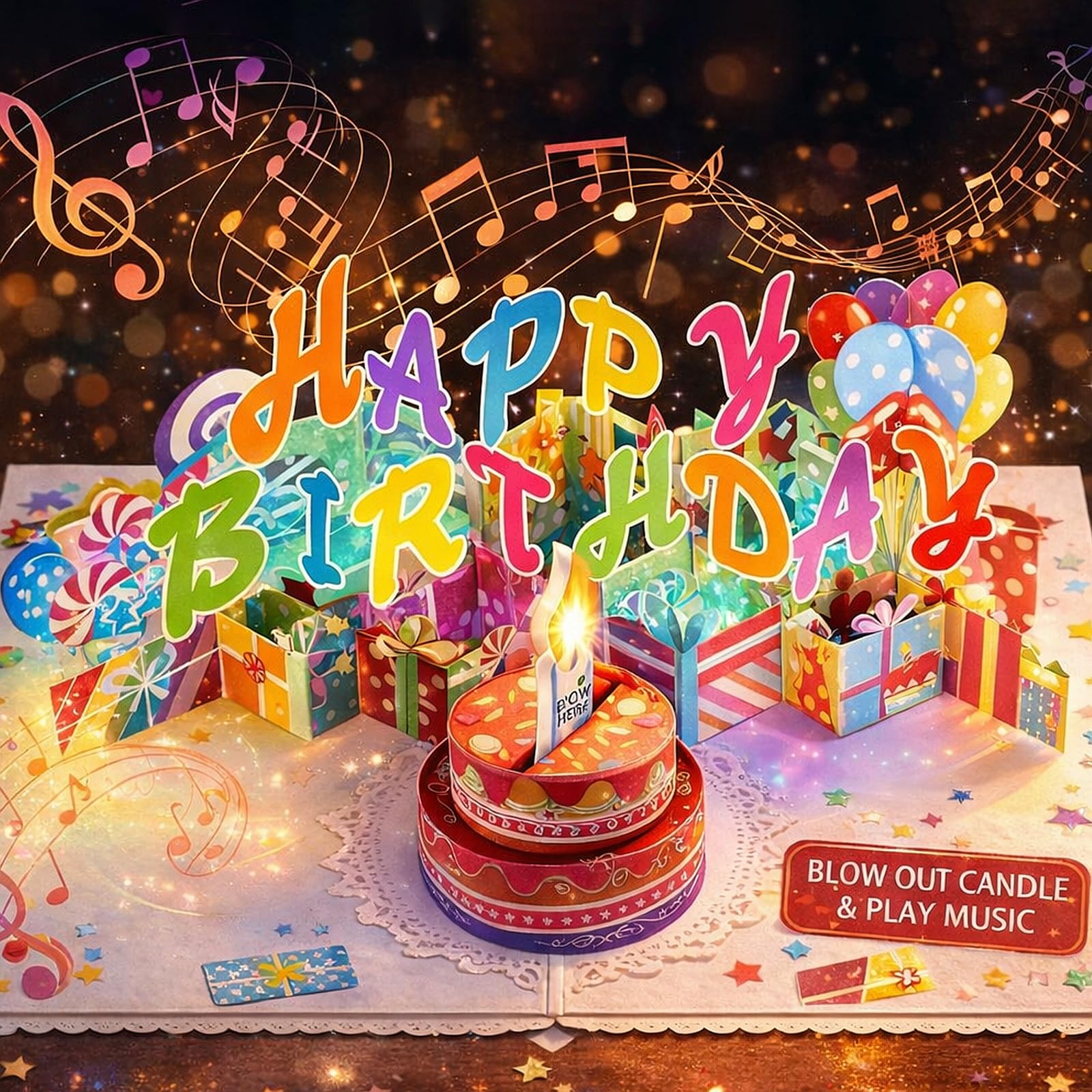 Gumry 3D Musical Birthday PopUp Card with Blowable LED Light Candle and Happy Birthday Song, 2023 Large Birthday Cake Popup Greeting Cards for Women Men Kids Husband Wife Mom Dad Daughter