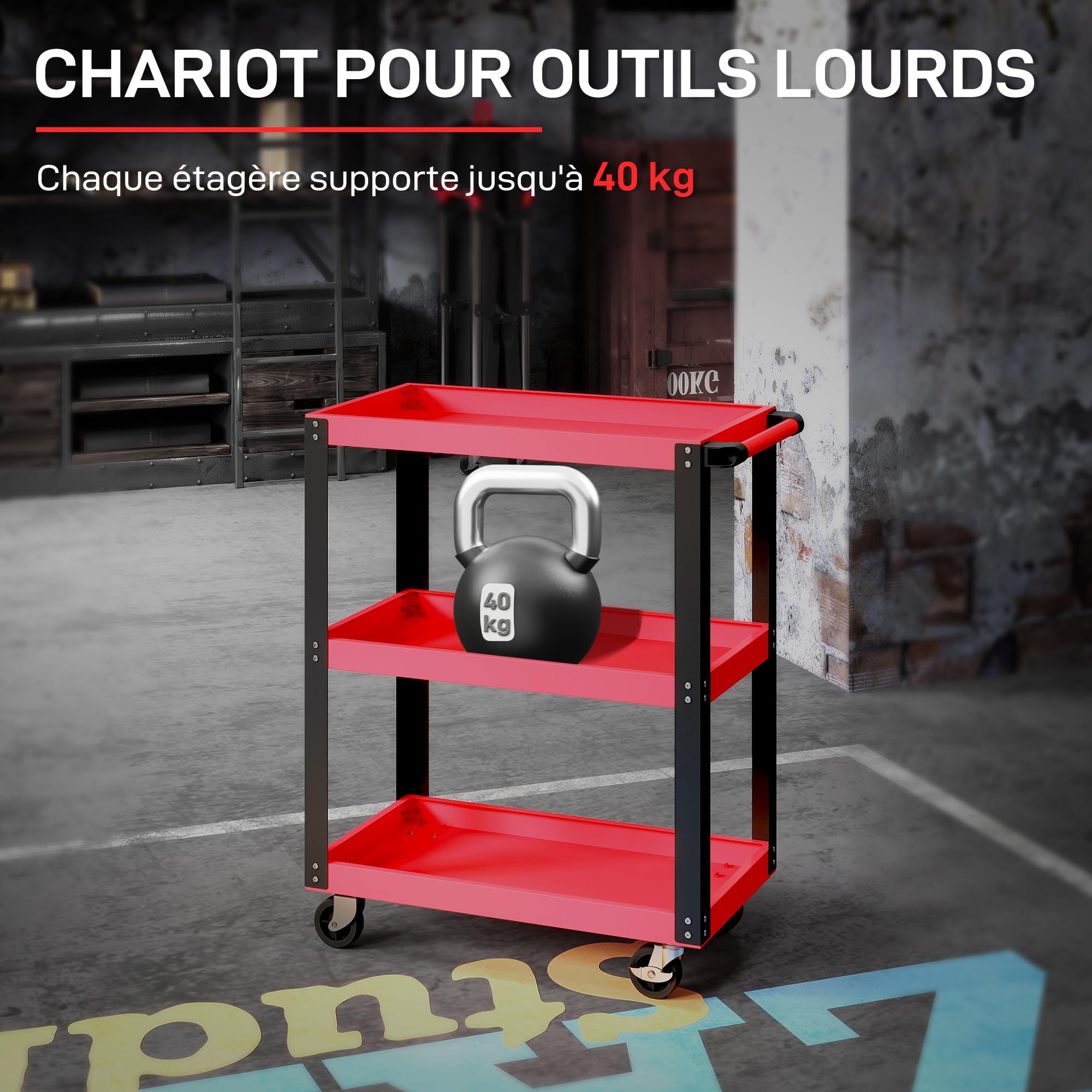 HOMCOM Chariot d'atelier servante Atelier Chariot à Outil à 3 Niveaux, poignée latérale et roulettes verrouillables, pour Garage, entrepôt, Outils de Bricolage, Charge 120 Kg, 70,5x35x82,5cm, Rouge