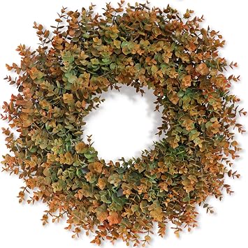 26" Fall Wreath for Front Door, Porch, Window - Large Artificial Boxwood Leaves Outdoor Wreath for Home, Farmhouse Harvest Festival Thanksgiving Day Autumn DecorOrange-Green