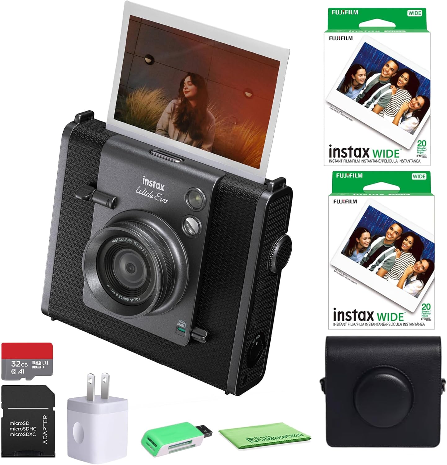Fujifilm Instax Wide Evo Hybrid Instant Film Camera (16840957) Bundle with Fuji Instax-Wide Instant Film (40 Sheets) + Compatible Carrying Case + 32GB Memory Card + More