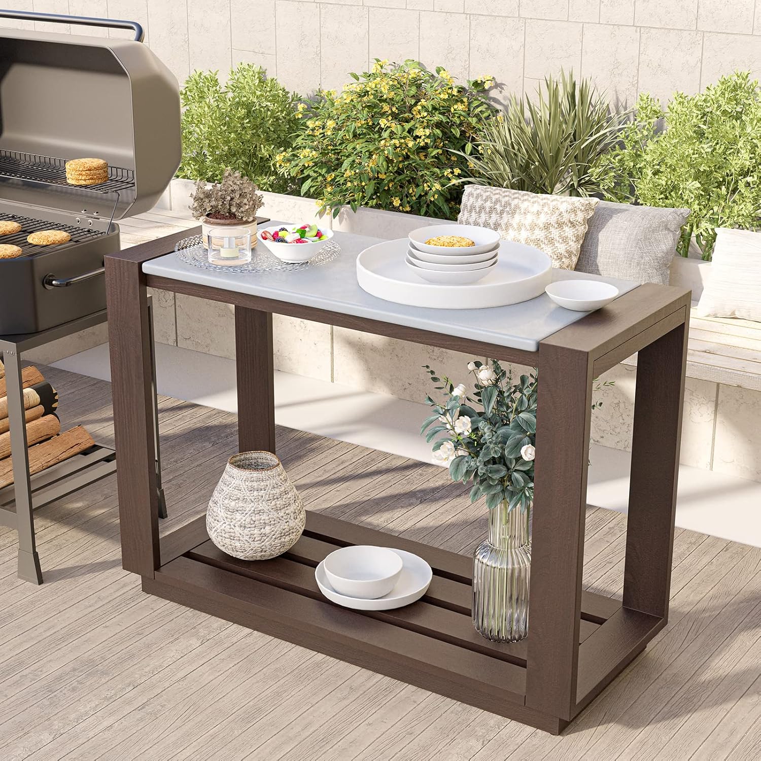 HOMPUS Outdoor Bar Table with Storage Shelf, 2Tier Patio