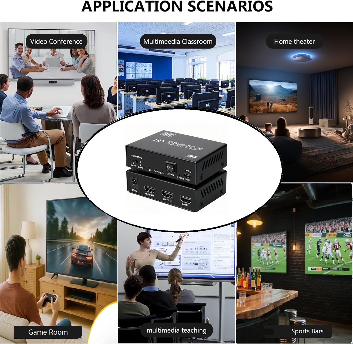 8K hdmi Splitter 1 in 2 Out, 1x2 hdmi 2.1 Splitter 8K@60Hz 4K@120Hz,48 Gbps,EDID,Auto Down Scaler,HDCP 2.3,VRR,HDR10+,3D,Only Duplication/Mirror Screens (Not Extend) for PS5, Xbox, HDTV, Laptop