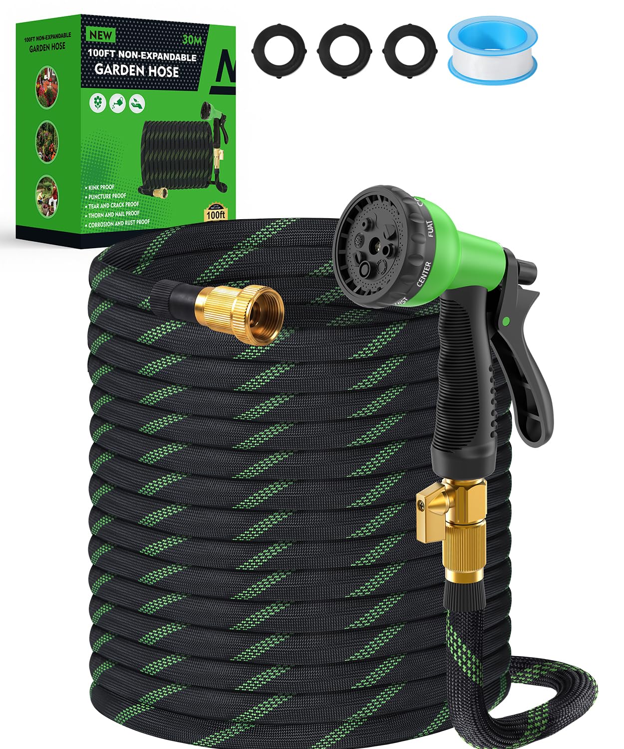 Photo 1 of 100ft Garden Hose?Non-Expandable Water Hose with 8 Function Spray Nozzle, Burst-Resistant?Kink-Free?Lightweight?Durable & Flexible 3/4" Garden Hose for Gardening, Yard?Lawn, Car Washing