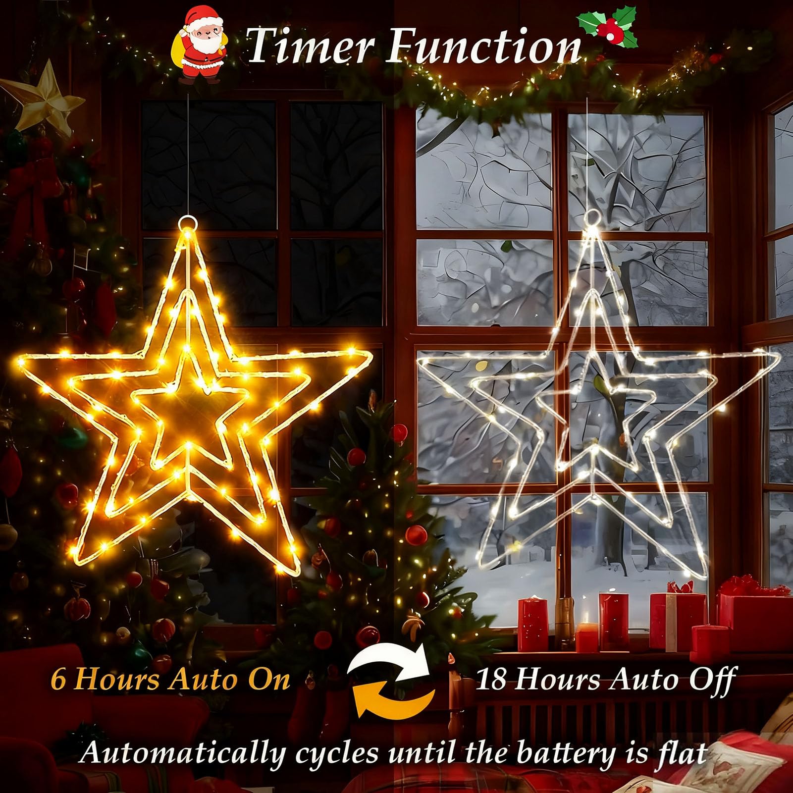 Cozymeow Grande in Metallo Decorazioni Natalizie per Esterno 2 Pezzi 75 LED Alimentazione a Batteria Stella Luminosa LED Esterno, Luci per Finestre Natale con Timer, Sospese per Stella di Natale