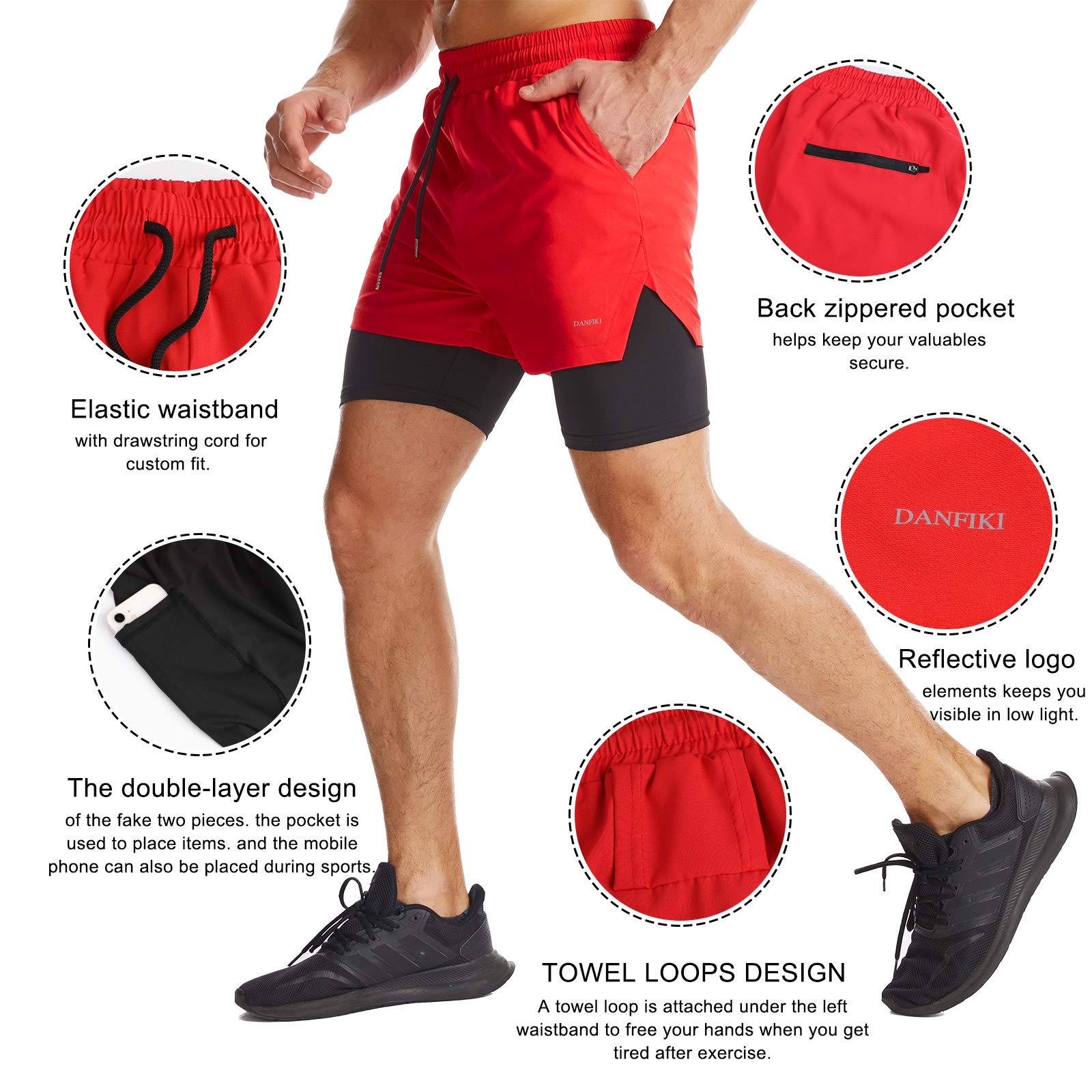 Danfiki Pantaloncini Sportivi da Uomo Running Shorts Asciugatura Rapida con Tasca per Jogging Tennis Fitness Allenamento 2 in 1
