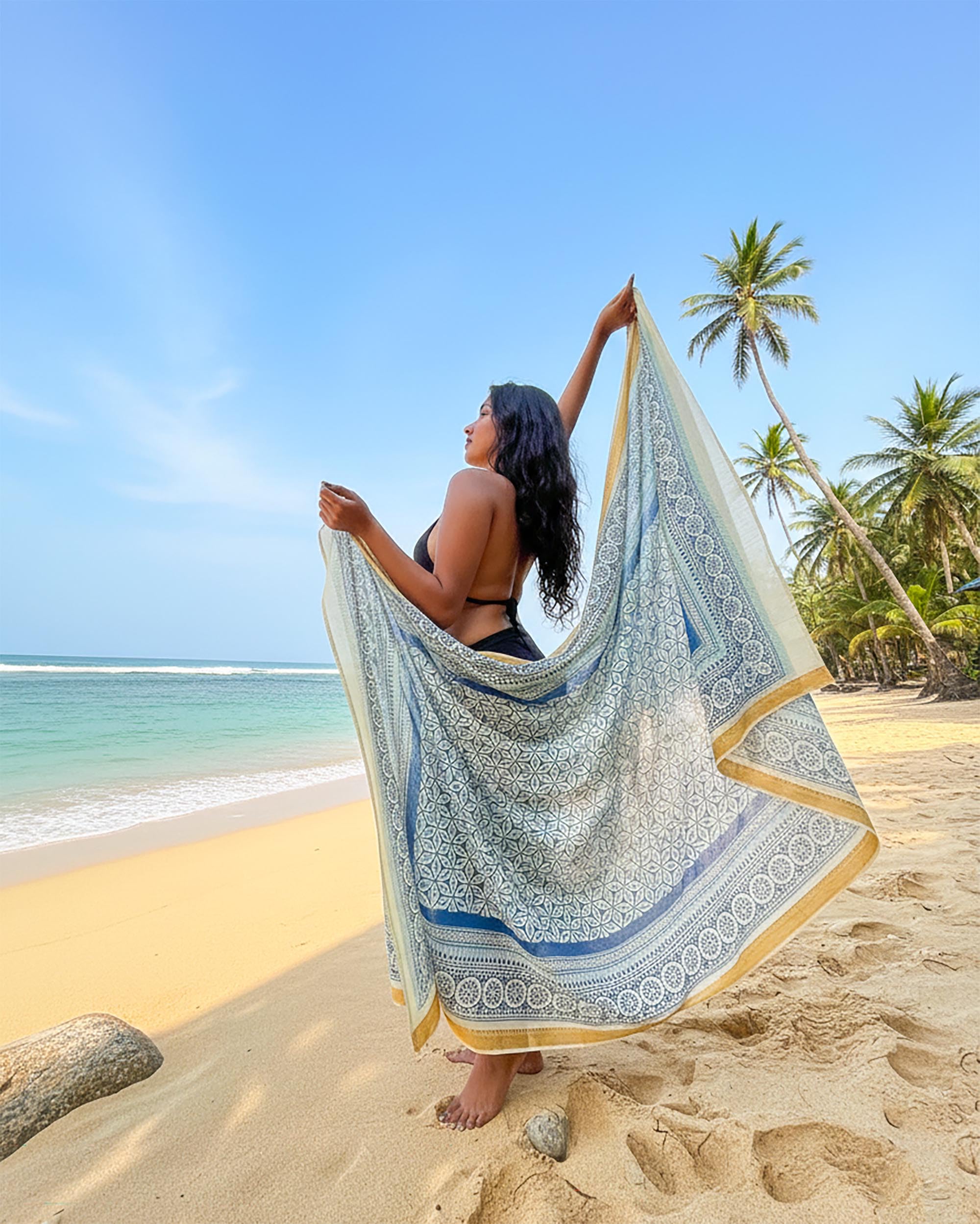 Mandala Life ART Pareo da Spiaggia Donna Stampato a Mano – Sarong Indiano con Bordo Dorato – Cotone Morbido