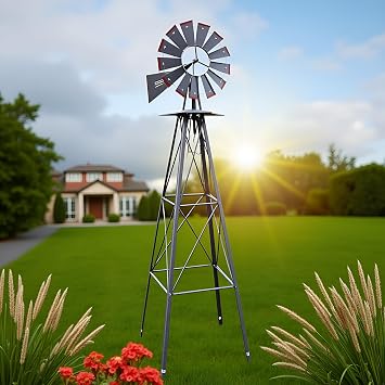 Metal Windmill for Garden Yard Decor, 8ft Tall Windmill Pinwheels Outdoor with Spinning Blades, Weather Vanes Lawn Ornaments, Weather-Resistant, Grey