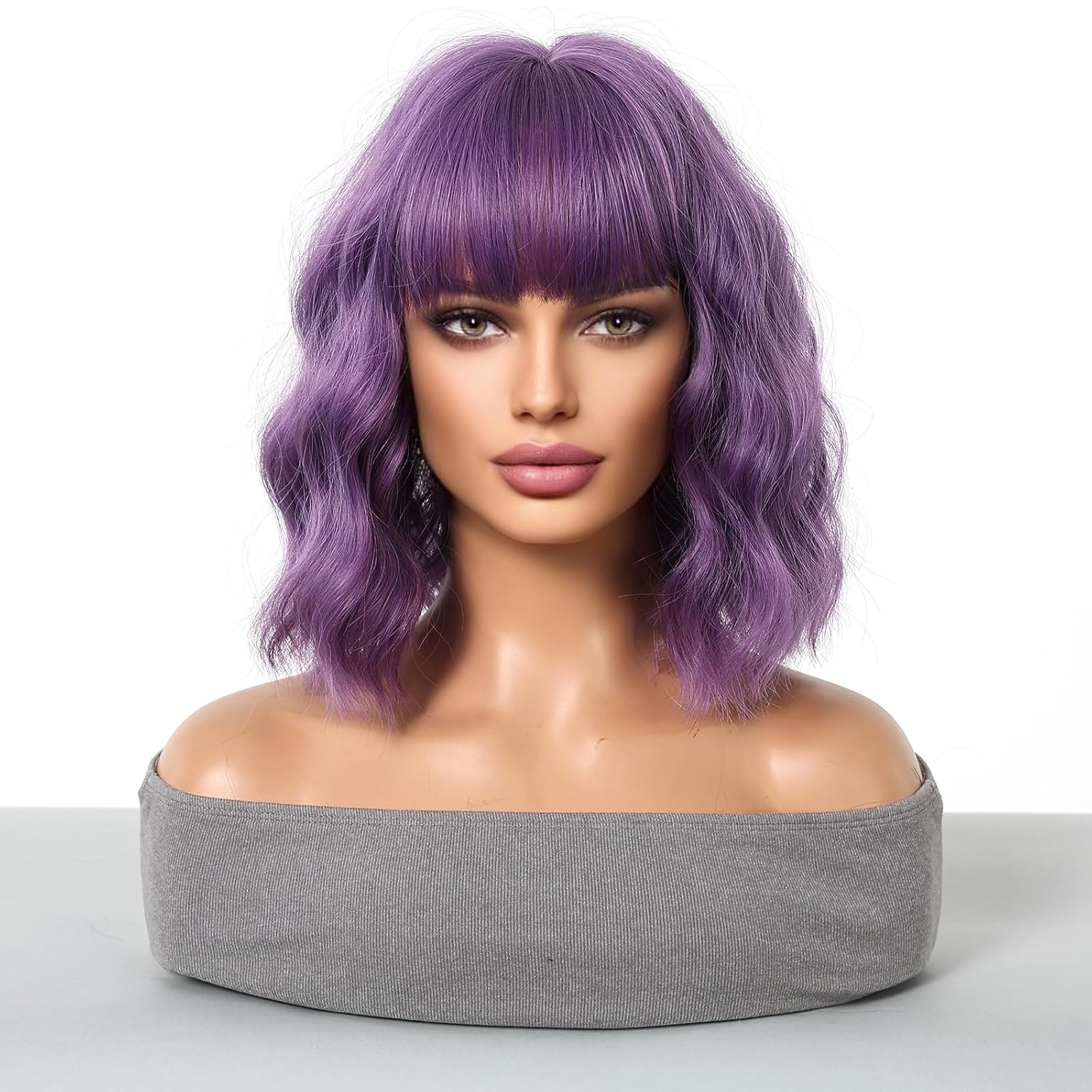 incohair 12 Inches Purple Wig with Bangs Women Short Curly Wavy Bob Wig Shoulder Synthetic Halloween Party Wigs Wig Cap Included