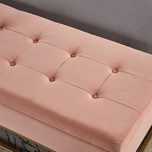 Miniatura 5 de Linique Banco de cama de 58.6 pulgadas para dormitorios con espacio de almacenamiento, banco de almacenamiento de terciopelo con botones y base de