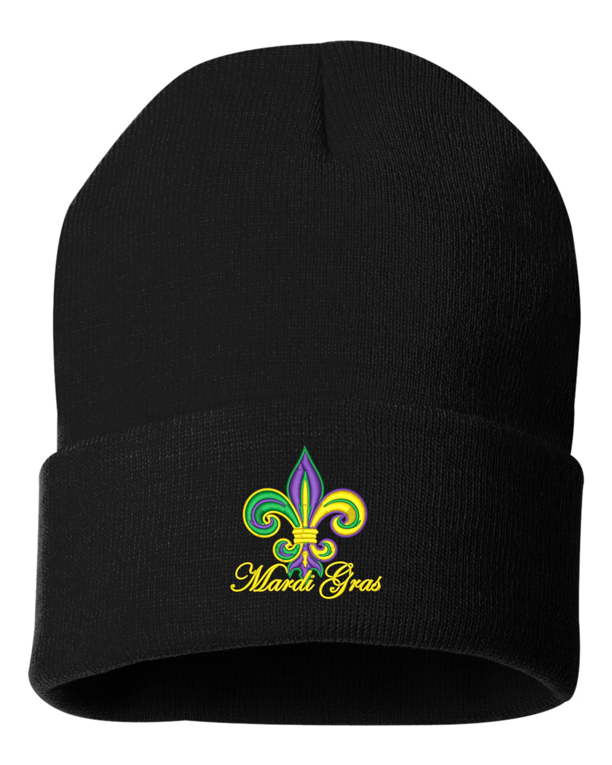 One Size Black Cuffed Mardi Gras Colored Fleur De Lis Embroidered Cuffed Knit Beanie Cap