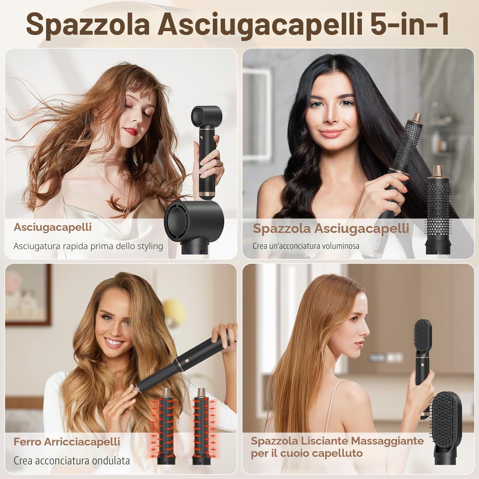 Spazzola Asciugacapelli Multifunzione, Air Styler 5 in 1, Ferro Arricciacapelli Ioni Negativi, Piastra con 5 Accessori, 3 Temperature, Spazzola ad Aria Calda per Asciugatura Raddrizzamento