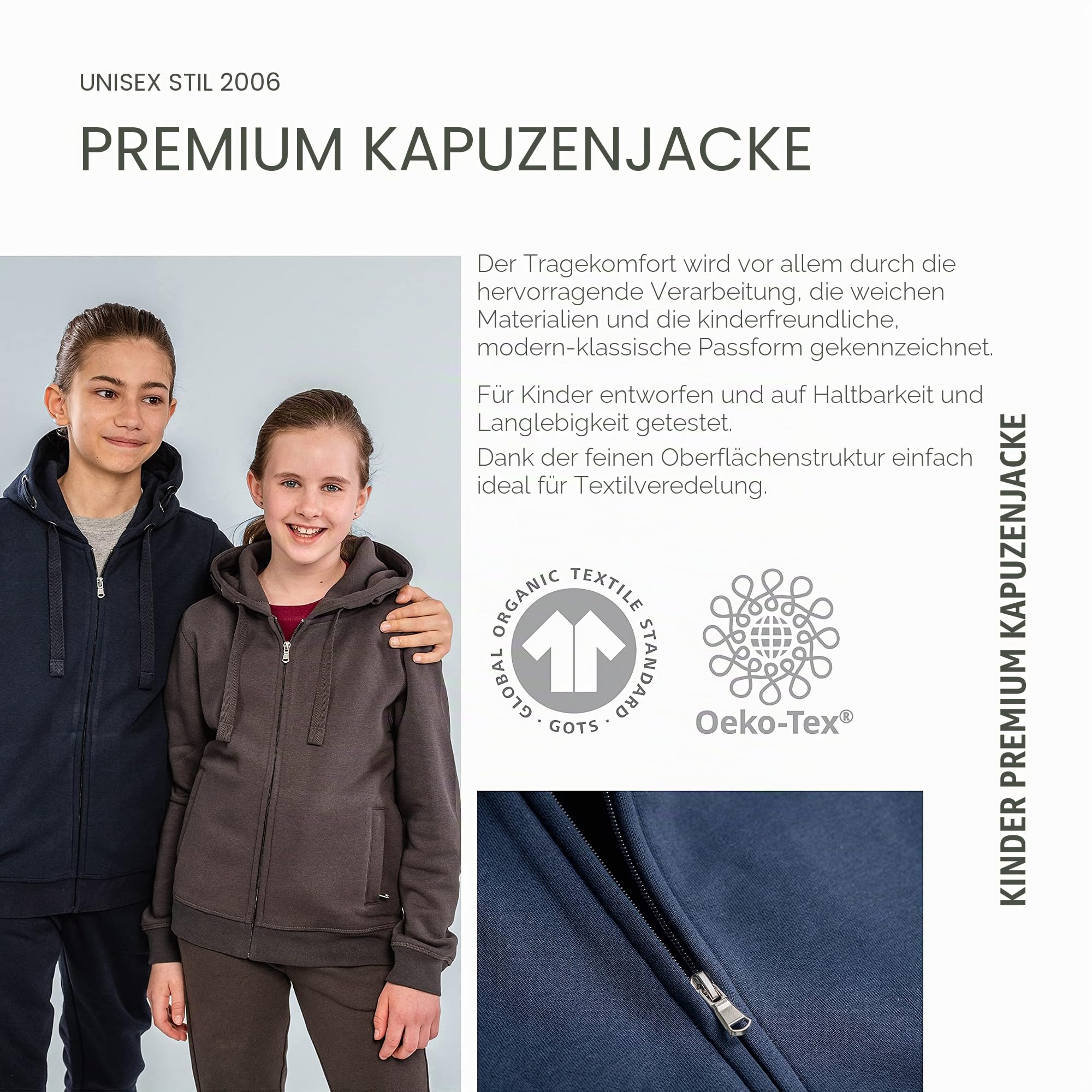 HRM Premium Kid‘s Hooded Jacket I Fair Trade Kapuzenjacke Kinder, 320 g/m² I Aus 70% Baumwolle & 30% recyceltem Polyester