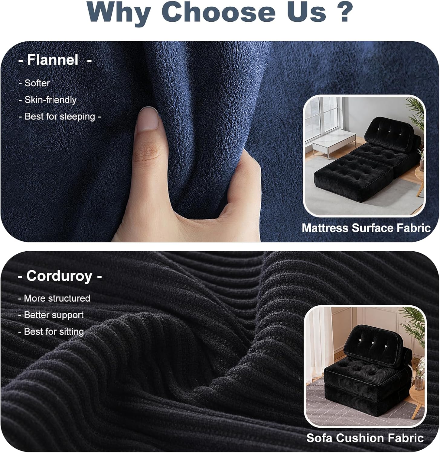 Folding Sofa Bed, Flannel Futon Couch Bed with Pillow and Blanket, Convertible Sleeper Chair for Small Space Apartment Guest Room, Black