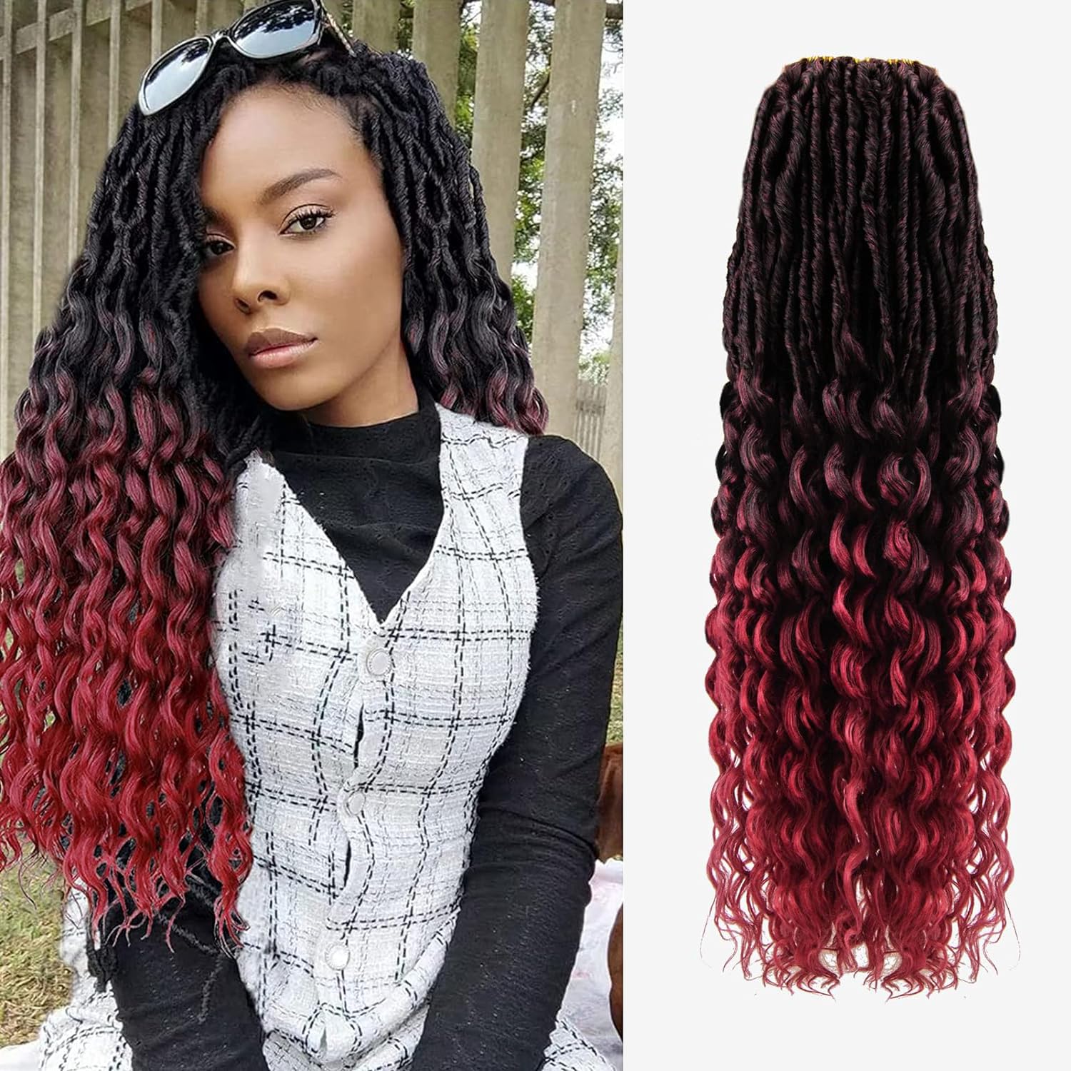 Deep Wave Faux Locs Crochet Hair for Black Women,24 Inches 8 Packs 112 Strands,Pre Looped Ombre Burgundy Synthetic Hair Extensions,Soft Goddess Locs