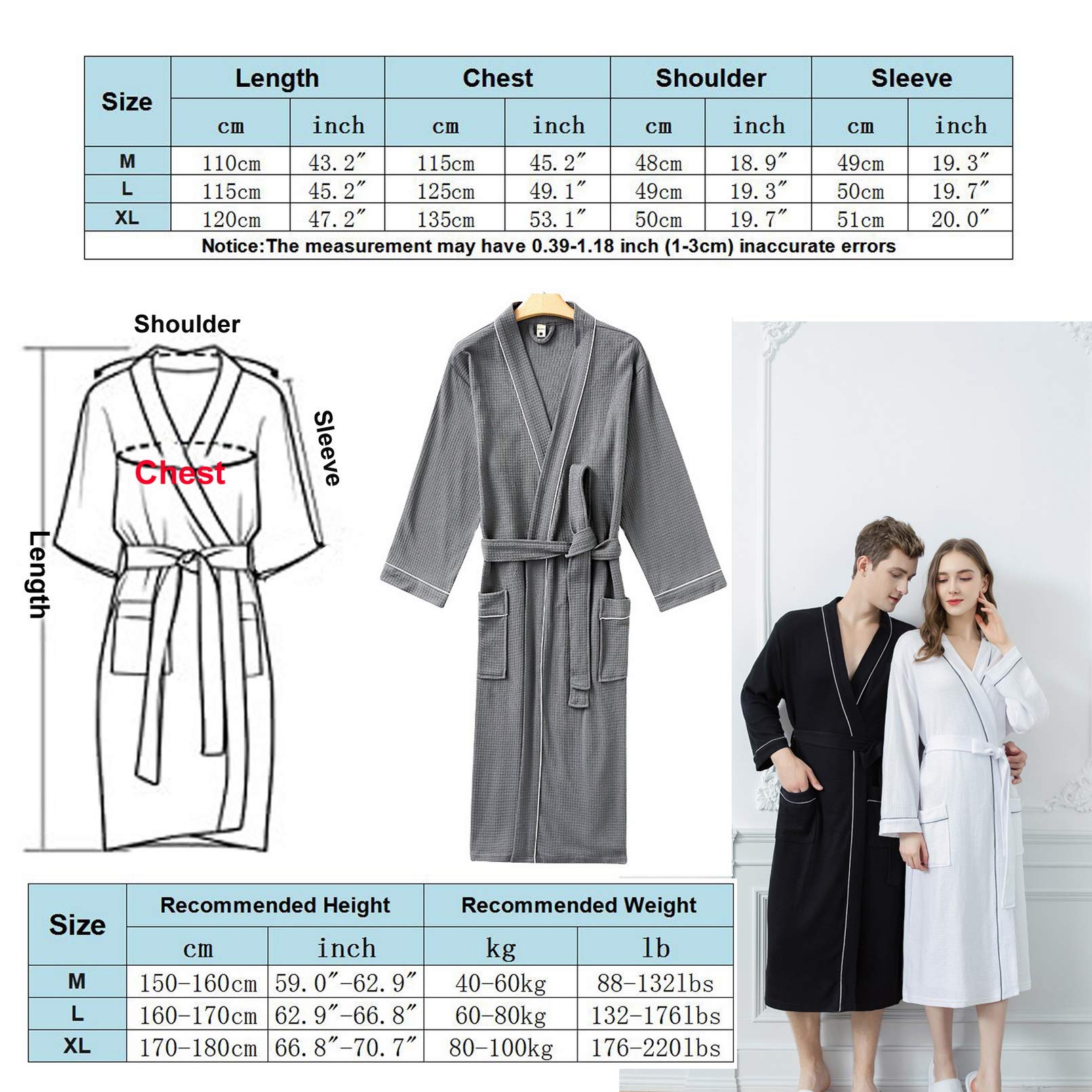 Albornoz de algodón de punto, kimono largo, con bolsillos para hombres y mujeres, spa y piscina de hotel