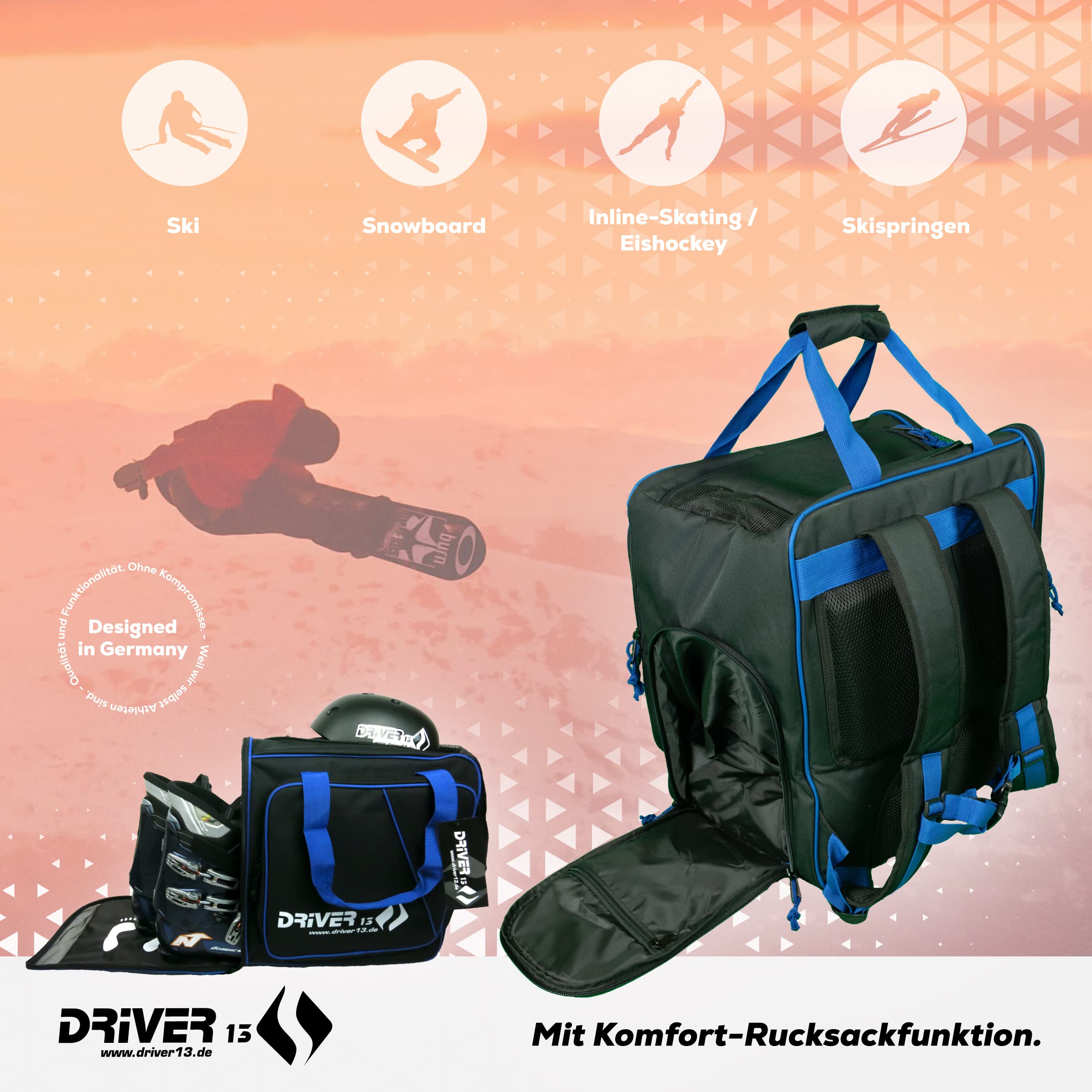 Driver13 ® Mochila para Botas de esquí con Compartimento para Casco + Mochila para Botas de esquí con Compartimento para Casco Duro + Botas de Snowboard + Bolsa para Botas Negro-Azul