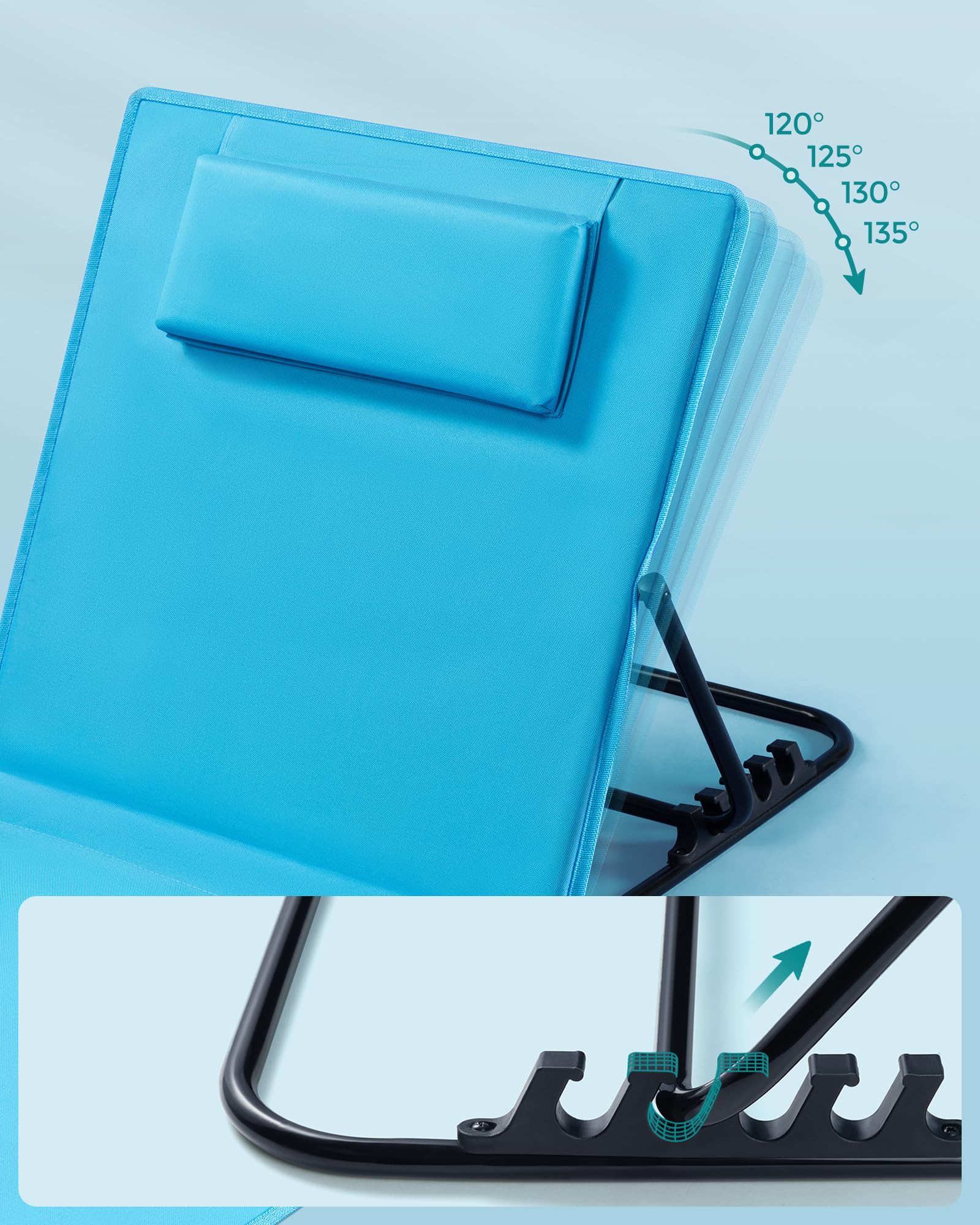 SONGMICS Zestaw 2 krzeseł plażowych Krzesło kempingowe Leżak plażowy Składane regulowane oparcie Lekki przenośny z uchwytem do basenu ogrodowego na kempingu 158 x 55 cm Błękitny GCB251Q01