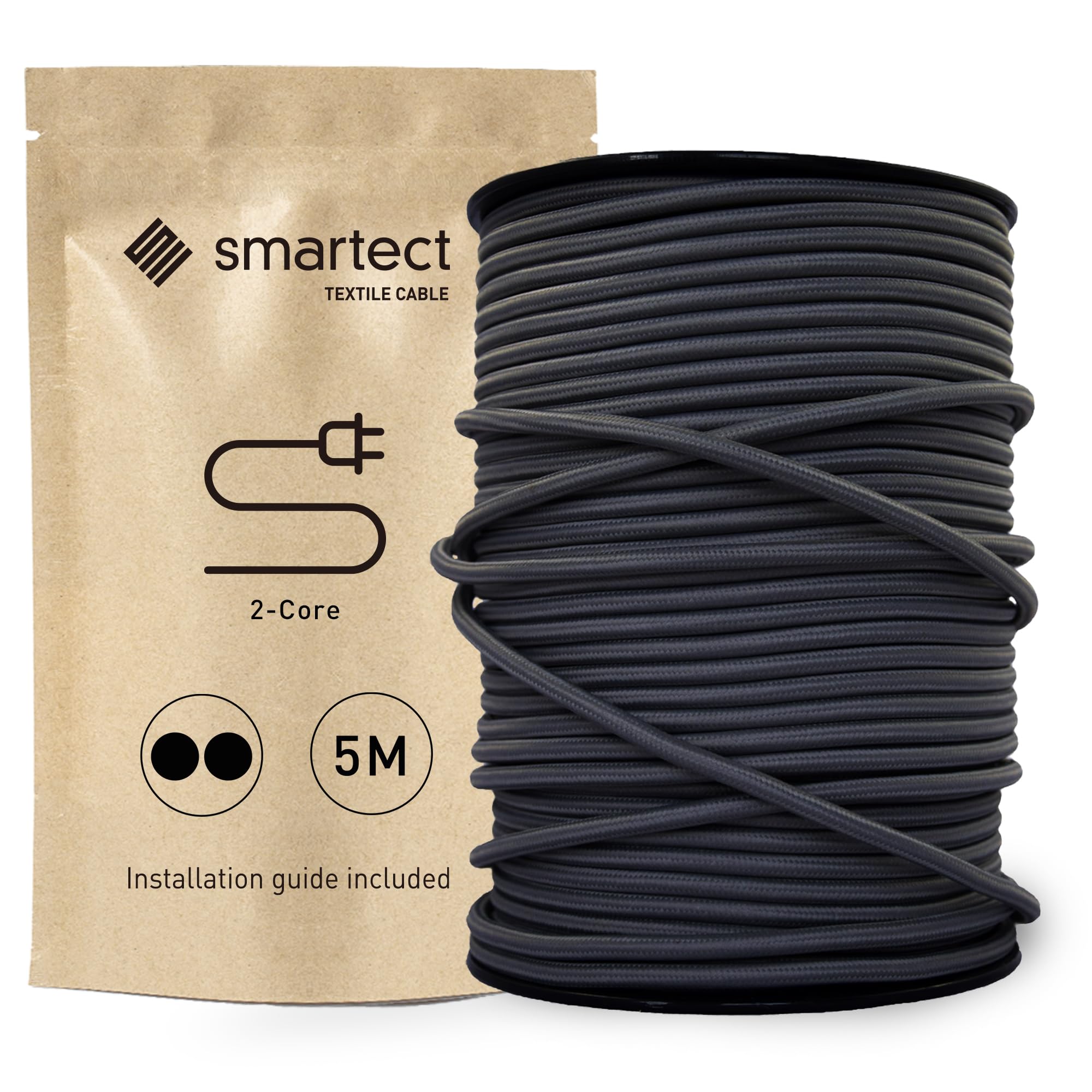 smartect Braided Cable, Anthracite, 5 Metres 2 Core Electrical Cable (2 x 0.75mm²) Vintage Fabric Electrical Wire for your DIY project