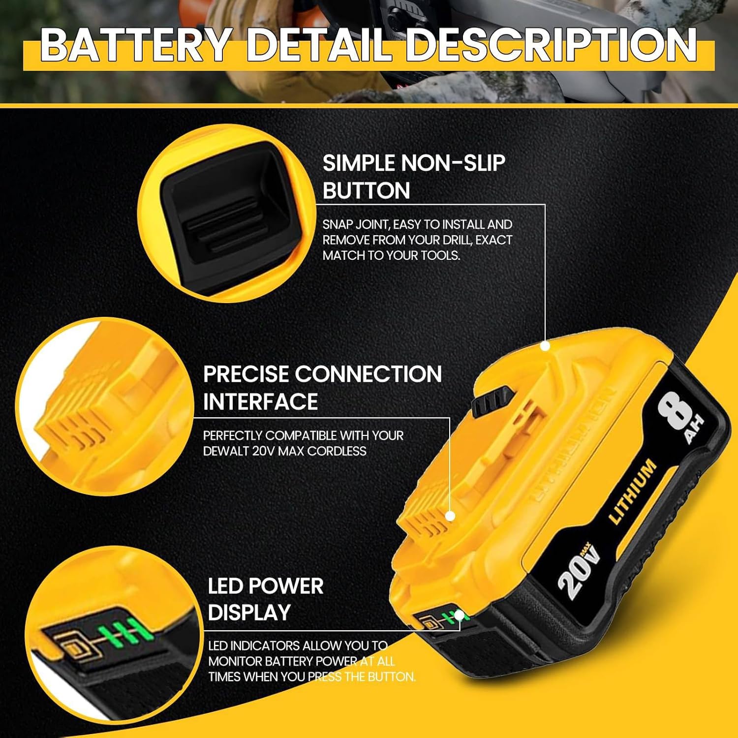 2Pack 8000mAh DCB200 Lithium-ion Battery Replacement for dewalt 20v Battery DCB200 DCB201 DCB203 DCB204 DCB206 DCB180 Compatible with Dewalt 20v Max Cordless Tools and Chargers with LED Indicator