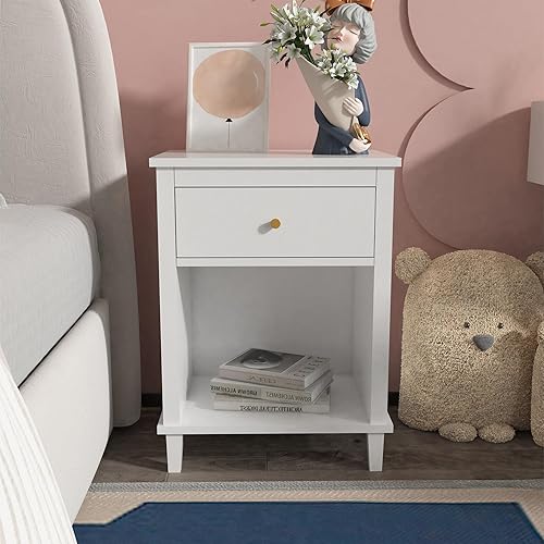 Mesita de noche de madera para dormitorio con 1 cajón y 1 compartimento abierto (blanco) Blanco,Blanco+rosa,https://www.amazon.com/dp/undefined