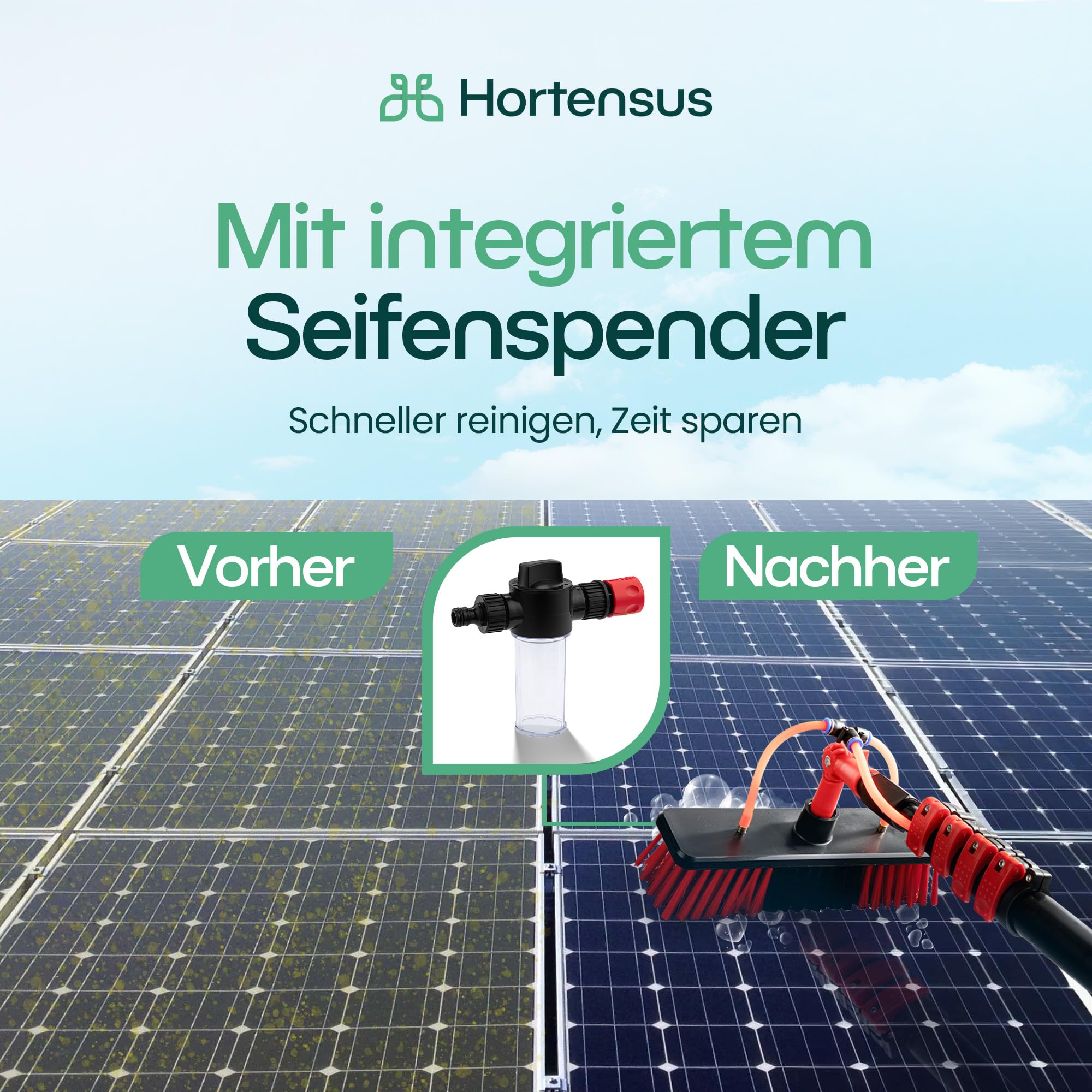 Teleskop Waschbürste mit Wasseranschluss, 4,6 m | Ausziehbarer Teleskopstiel, Für Autos, Wohnmobile, Photovoltaik, Solaranlagen, Terrassendächer, Fassaden, Dakgootreiniging