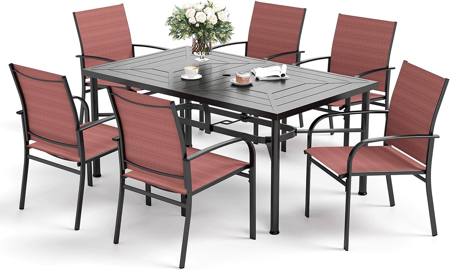 SUNSHINE VALLEY Patio Dining Sets 64 x 39 x28.5 Rectangular Steel Outdoor Dining Table,6 x Red Patio Dining Chairs for Garden Backyard Lawn Yard Furniture, Steel Frame with 1.57 Umbrella Hole.