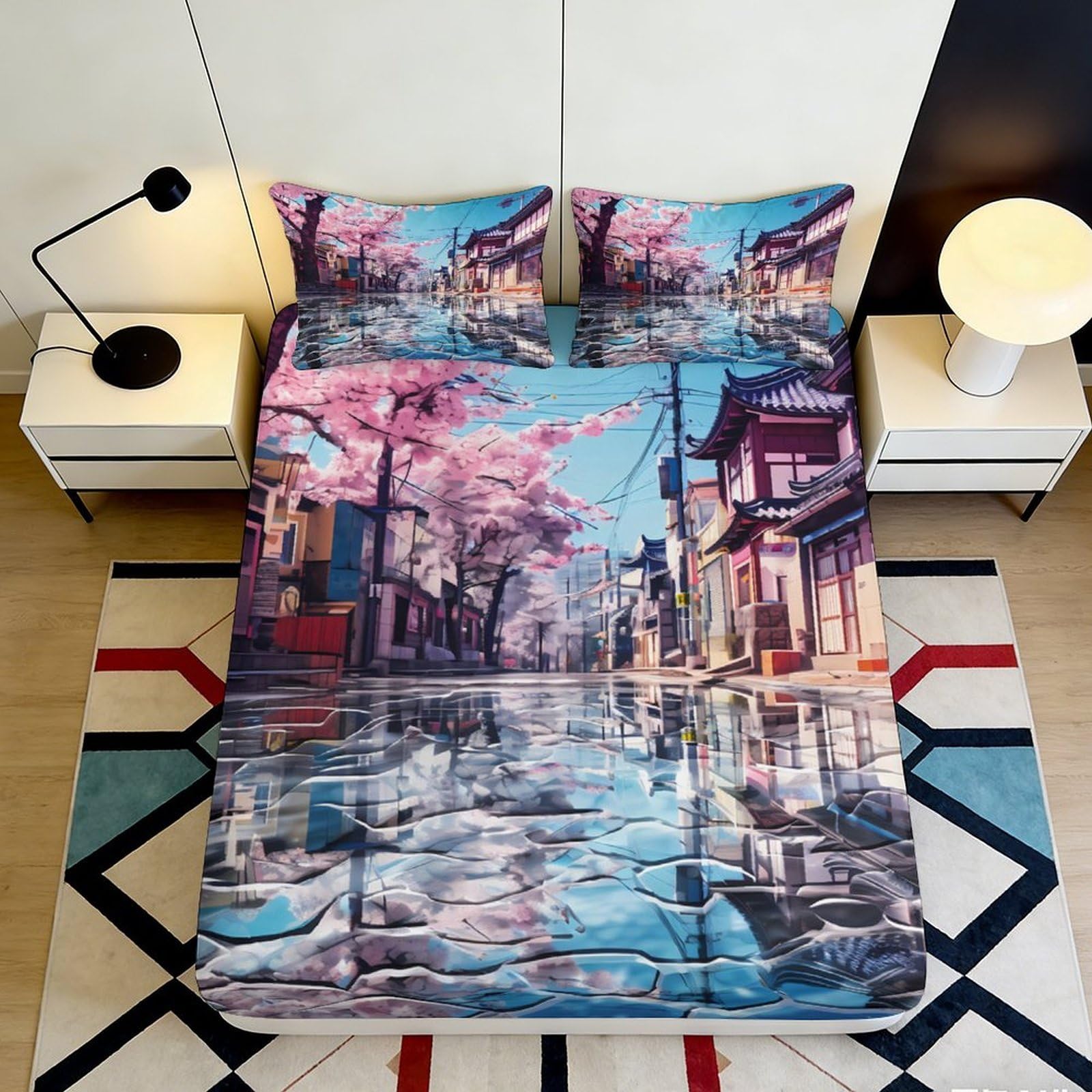 3D Printed Sakura Street View Fitted Sheet Microfiber Soft Urban Reflection Bed Cover for Bedroom Dorm Decor 90x200x25cm