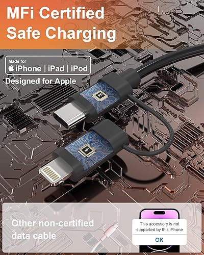 Miniatura 6 de Cable USB C y Lightning 2 en 1 en espiral de 60 W de carga rápida y sincronización de datos Apple CarPlay y Android Auto 4 en 1, cable de cargador