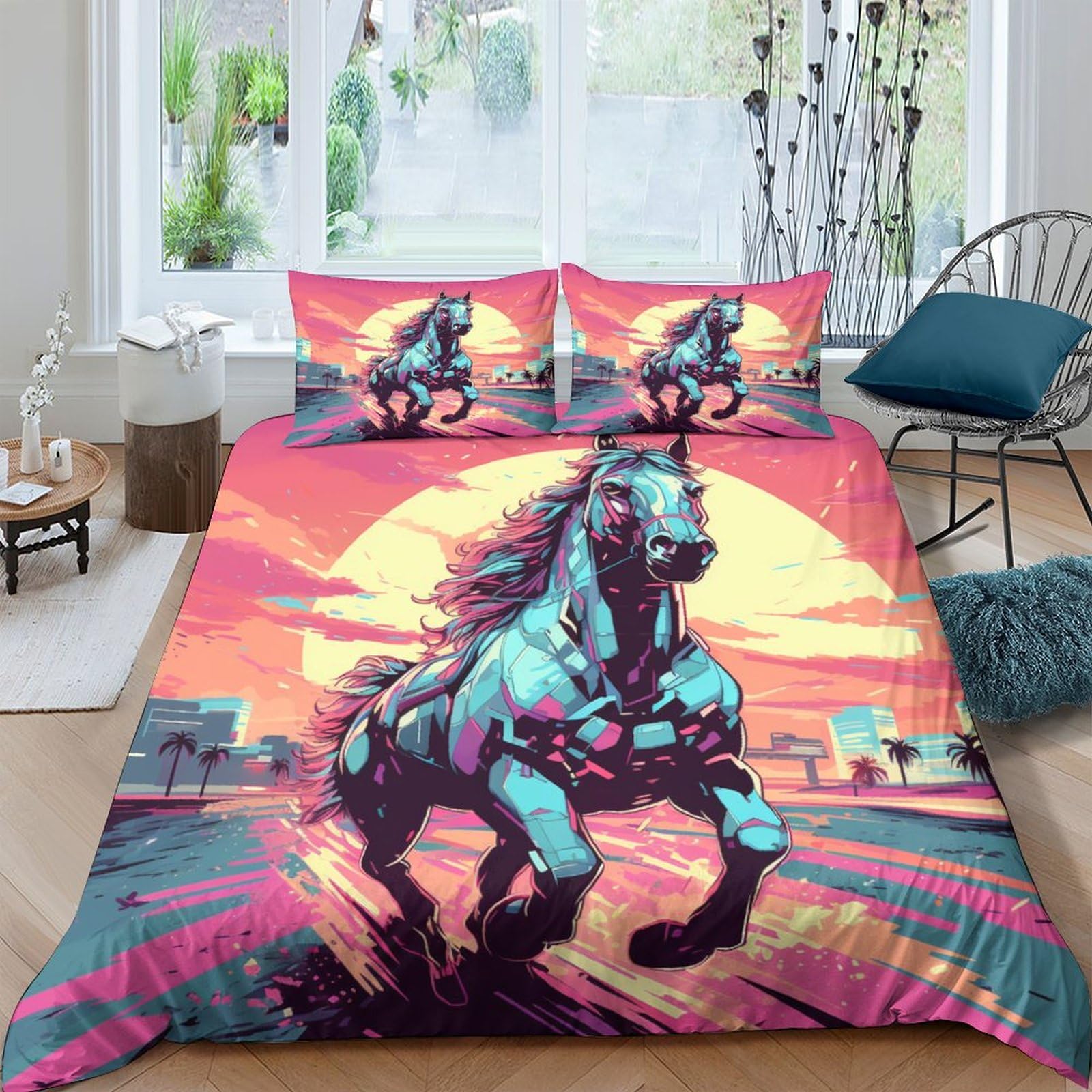 Housse de couette microfibre douce motif cheval fermeture éclair invisible