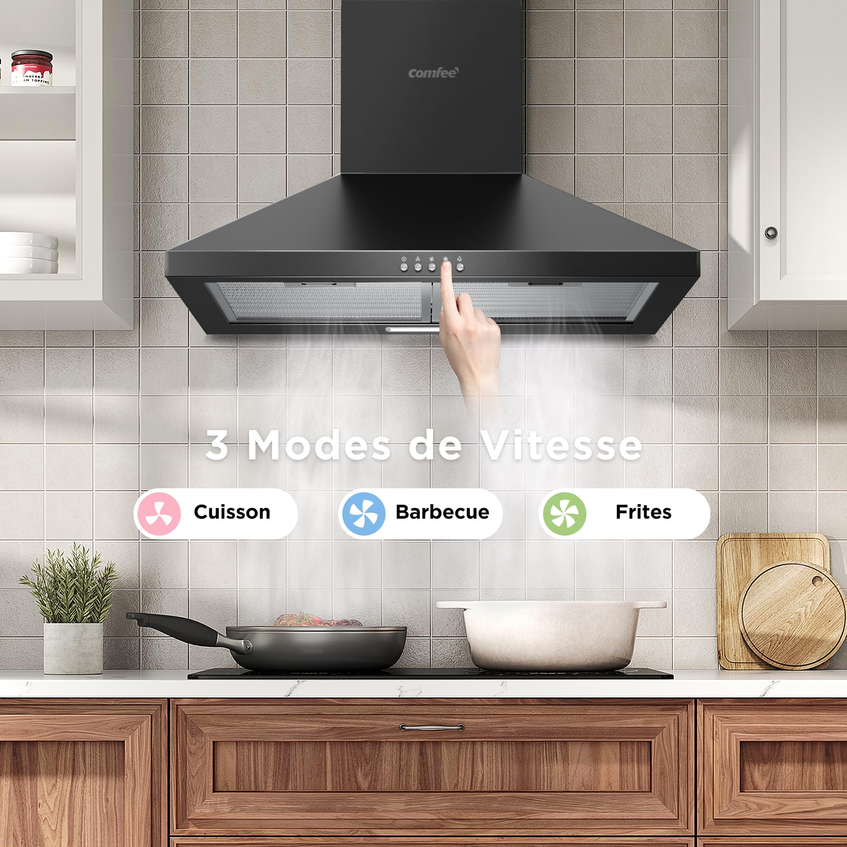 COMFEE' CH60A17EM400SS-EU A++ Hotte Aspirante 60 cm à Recirculation et Évacuation d'air avec Filtre à Charbon Actif, Débit d'air de 400 m³/h, Filtre à Graisse Lavable, Cheminée Réglable, Argenté