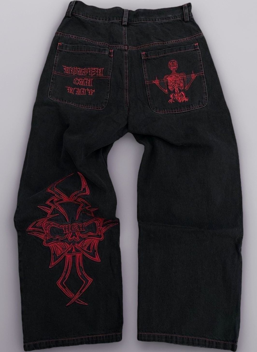 Y2K Jeans Men's Hip Hop Vintage Skull Embroidery Wash Denim Pants Gothic Straight Tube Loose Wide Leg Pants