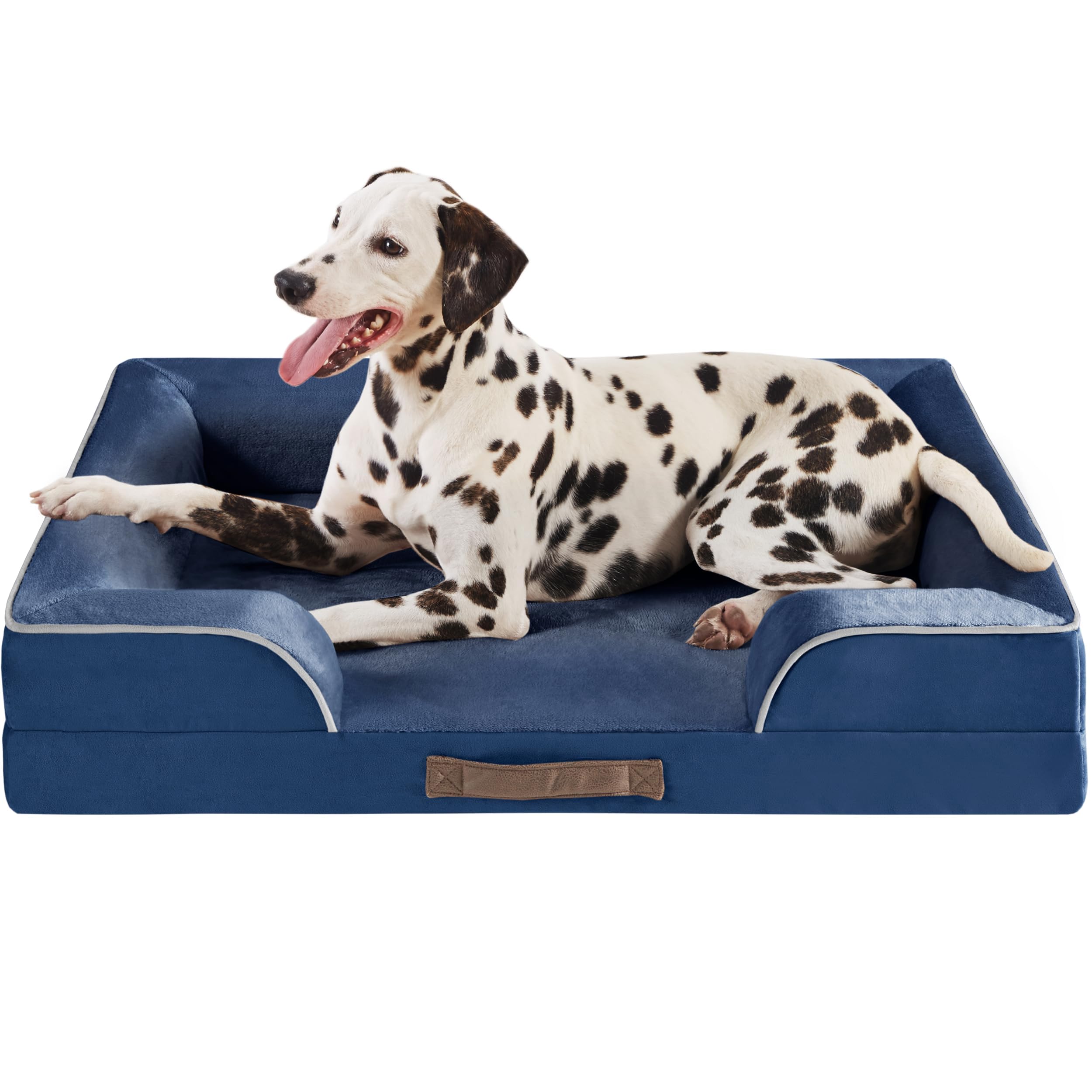 Codi Large Memory Foam Layer Dog Bed, Washable Orthopedic Dogs Beds Couch with Removable Zipper Cover, Waterproof Pet Sofa with U-Shape Bolster, Navy Blue, 91x68x(7.5+8.9) cm