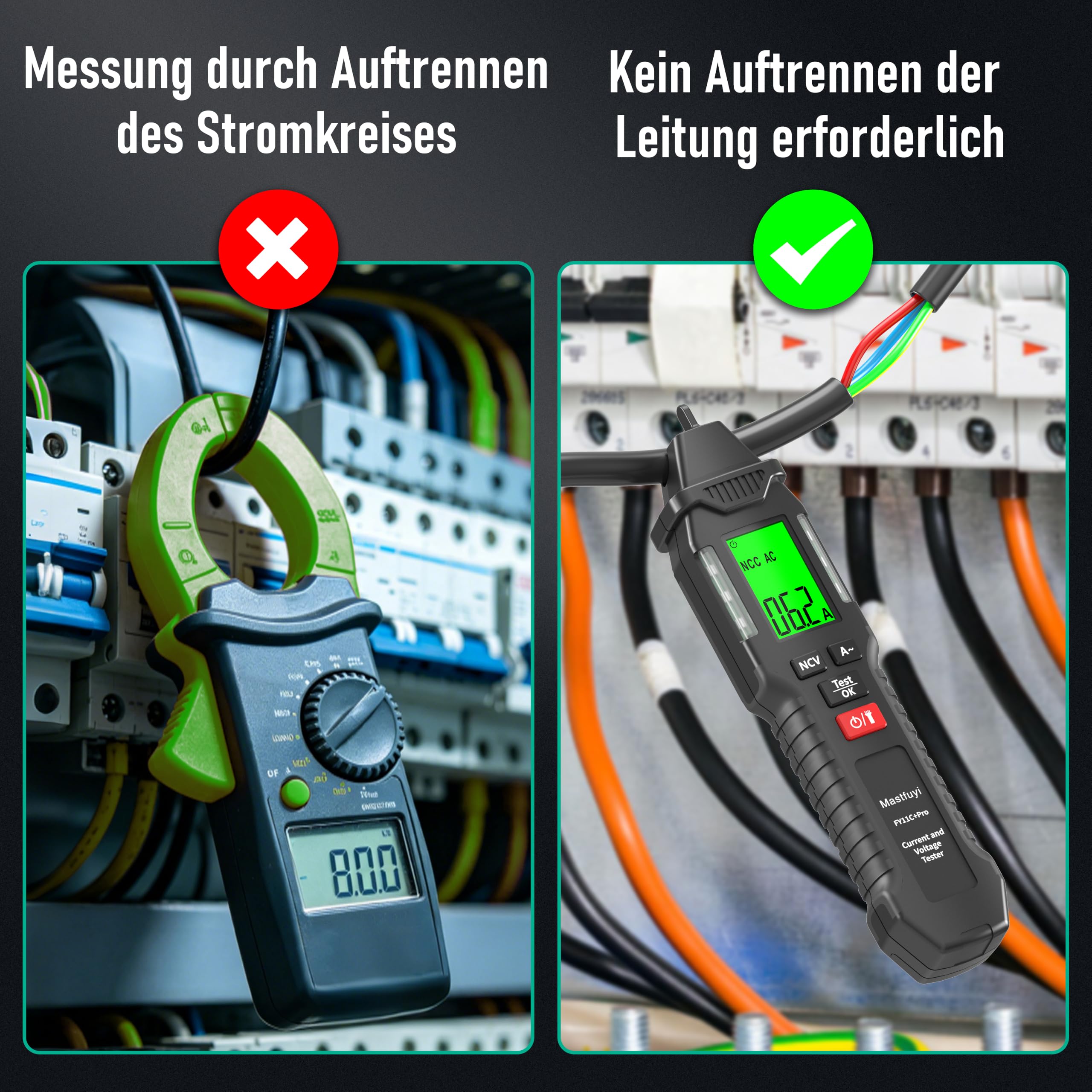 NCV Spannungsprüfer Berührungslos 12/70V - 1000V mit Taschenlampe | Messung des Stromwerts für mehradrige Leitungen, Mit Bruchpunkterkennung und Prozentanzeige, LED-Taschenlampe
