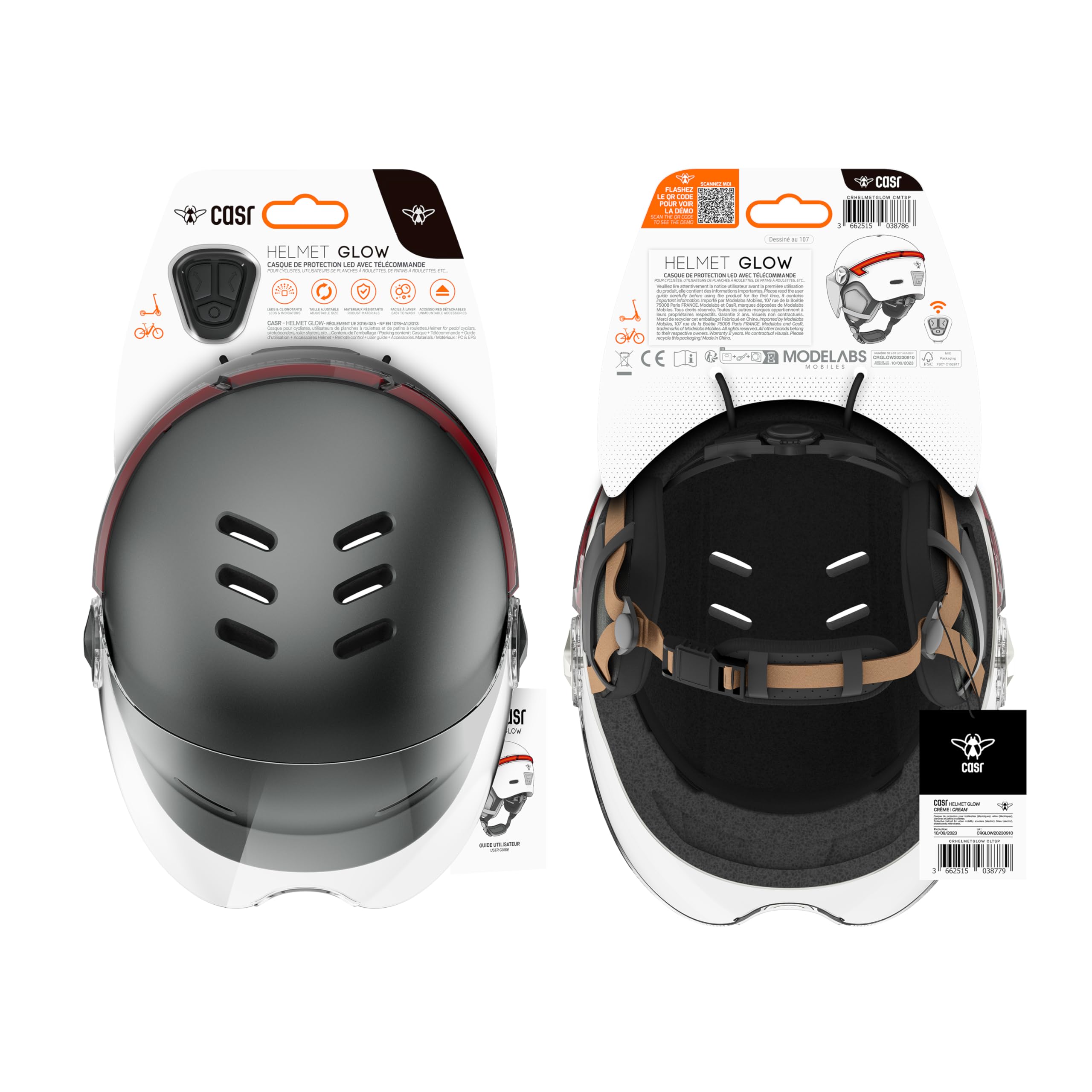 CASR Glow Casque LED Vélo Trottinette Visière XL Cache-Oreilles Amovibles Clignotants Télécommande Gris Taille L