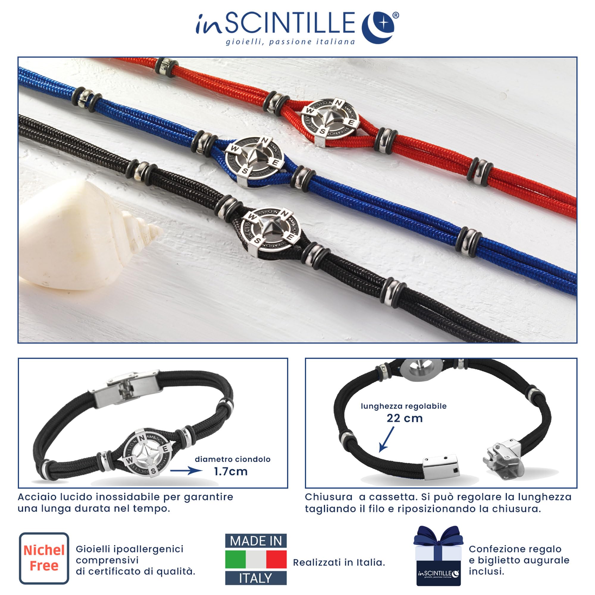 inSCINTILLE Bracciale Uomo Acciaio Simboli Nautica Rosa dei Venti, Regolabile 18-22 cm, Confezione Regalo Inclusa, Braccialetto Acciaio Inox, Bracciali Uomo